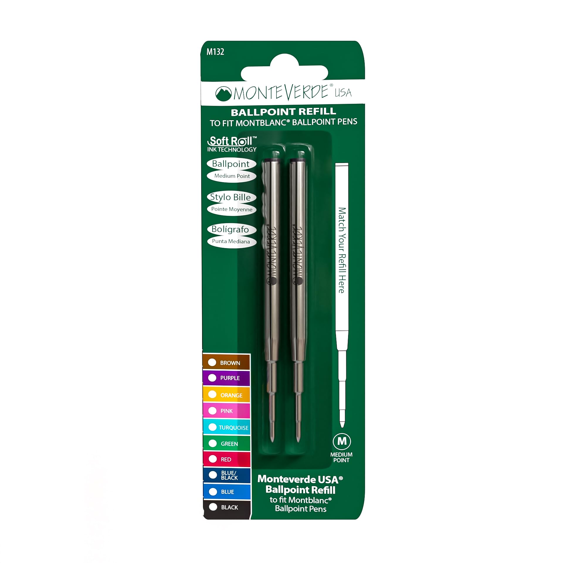 Monteverde USA Ballpoint Pen Refills for Montblanc Pens - Medium Point Soft Roll Blue/Black Ink (2 Pack) M132BB - Perfect for Office, School & Everyday Writing