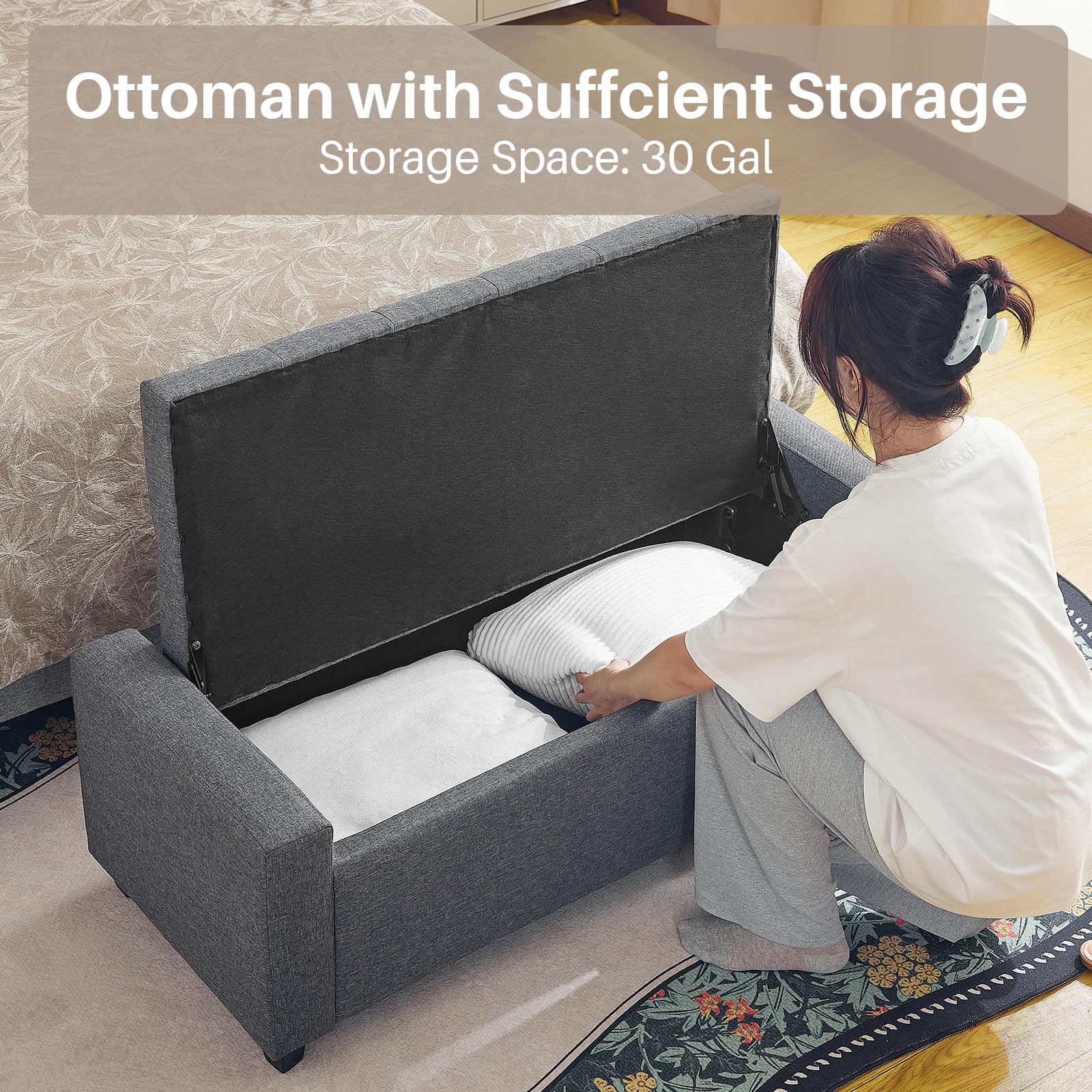 Redlife Storage Ottoman Bench - 19 x 48 x 16.5 Inch Button Tufted Bedroom Bench with 400LBS Capacity, Multi-Functional Storage Ottoman for Bedroom, Living Room & Entryway (Gray) - Perfect for Small Space Organization, Extra Seating & Home Decor