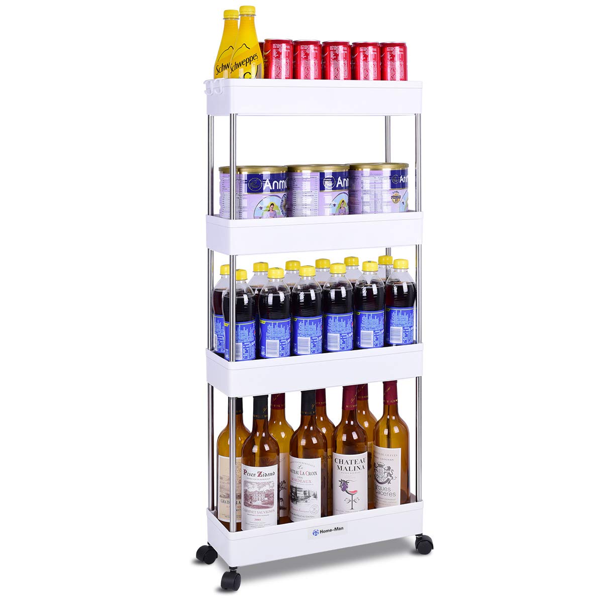 4-Tier Slim Rolling Storage Cart - Space-Saving Mobile Organizer with Slide-Out Shelves for Kitchen, Bathroom & Laundry - White Utility Cart for Narrow Spaces - Perfect for Pantry Organization & Small Apartment Storage