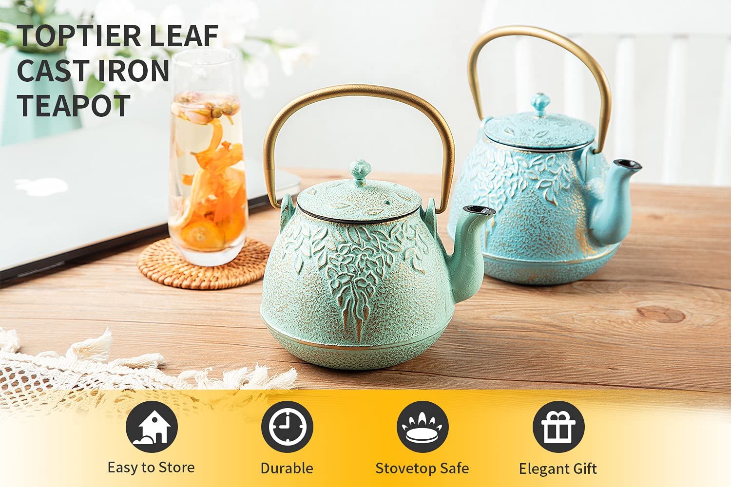 Premium Japanese Cast Iron Tea Kettle with Stainless Steel Infuser - Enameled Interior, Stovetop Safe Teapot - 32oz (950ml) Leaf Design in Turquoise Blue - Perfect for Loose Leaf Tea Brewing, Home Tea Ceremonies & Gift Giving