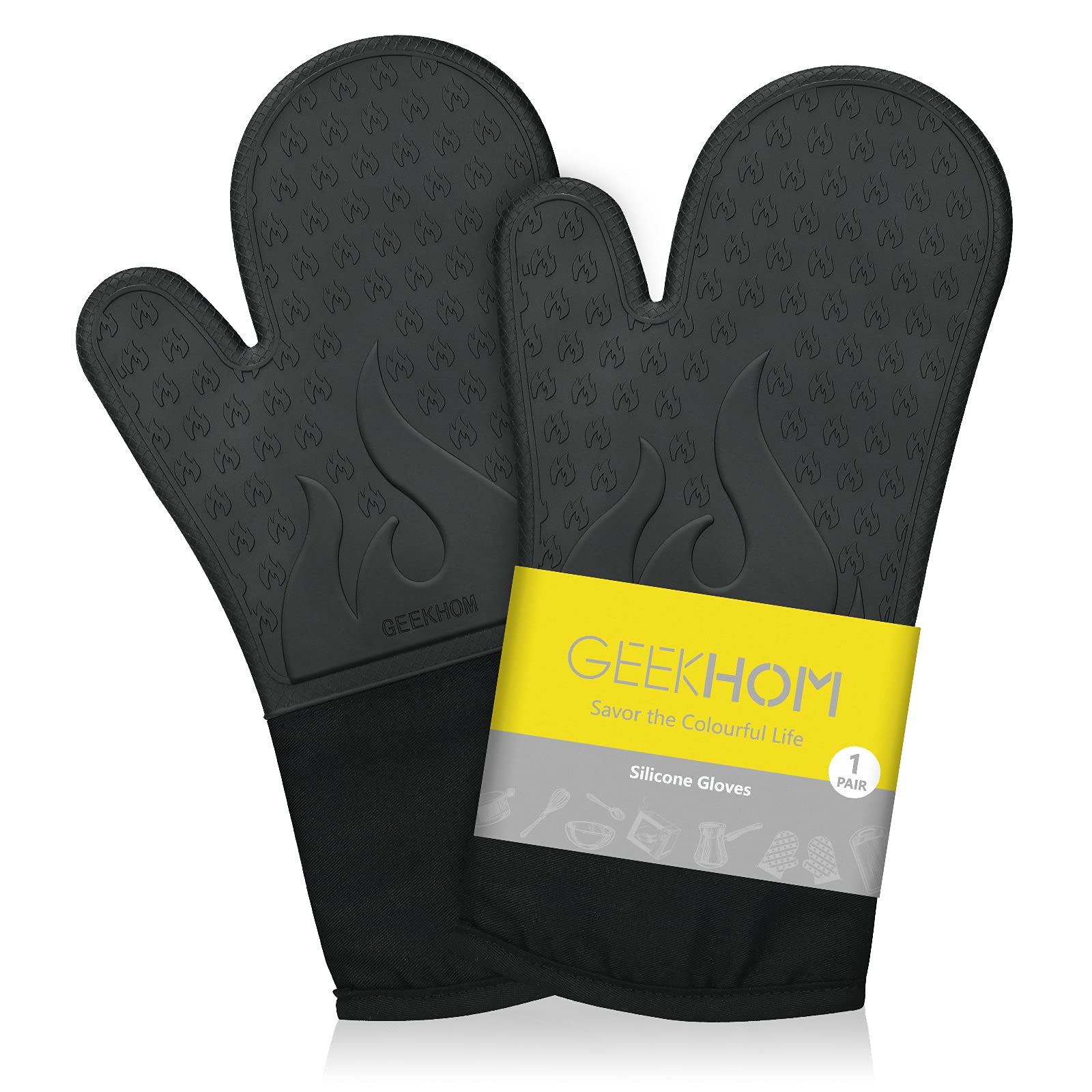Heat Resistant Silicone Oven Mitts - Extra Long 14 Inch Quilted Lining Kitchen Gloves, Waterproof & Flexible Hot Mittens for Cooking, Baking, Grilling (500°F Safe, 1 Pair Black) - Perfect for Baking, BBQ, Pot Handling & Kitchen Safety