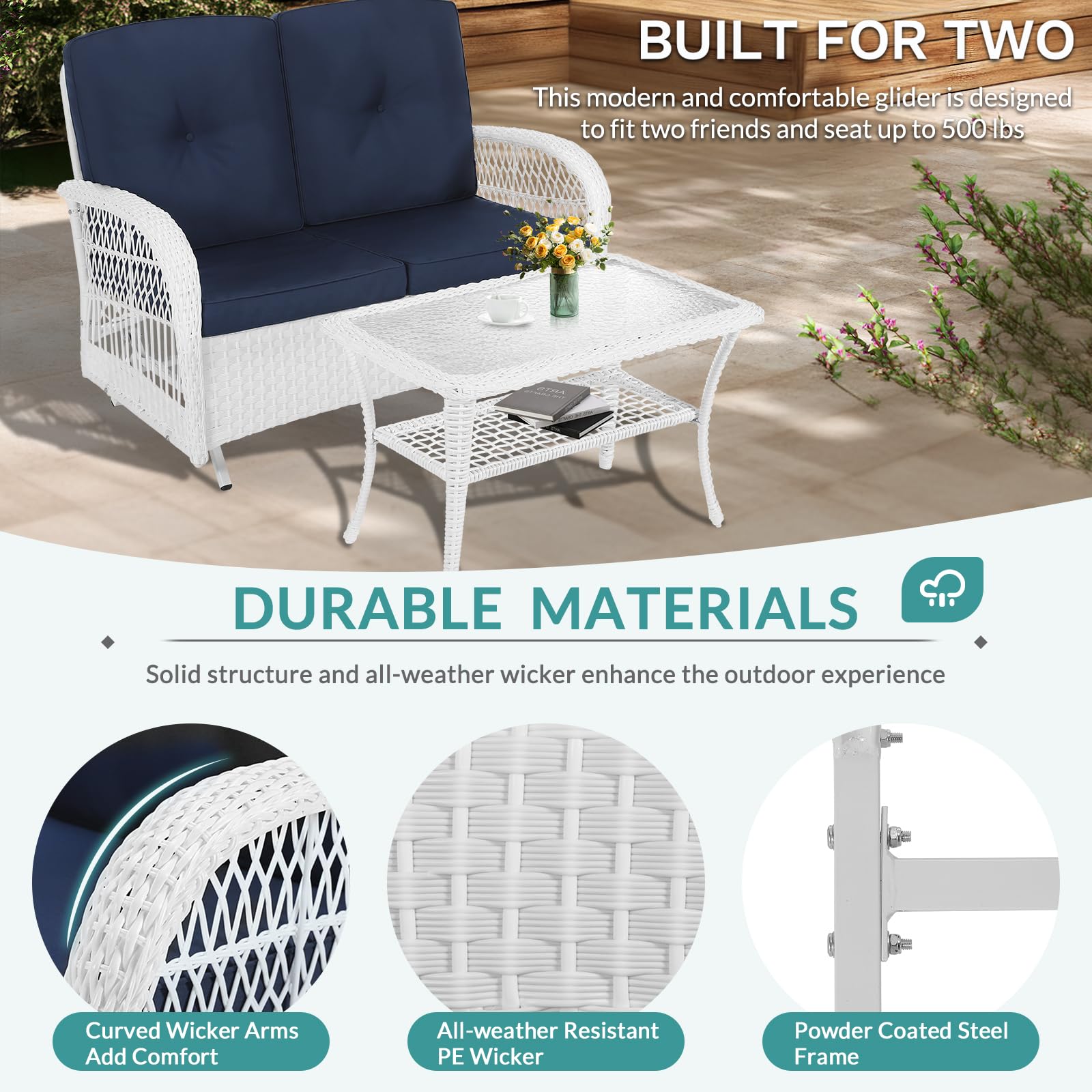 MEETWARM 2-Person Outdoor Wicker Patio Glider Set with Glass-Top Coffee Table & Thickened Cushions - White Wicker/Navy - Perfect for Porch, Garden, Backyard Relaxation and Outdoor Entertaining