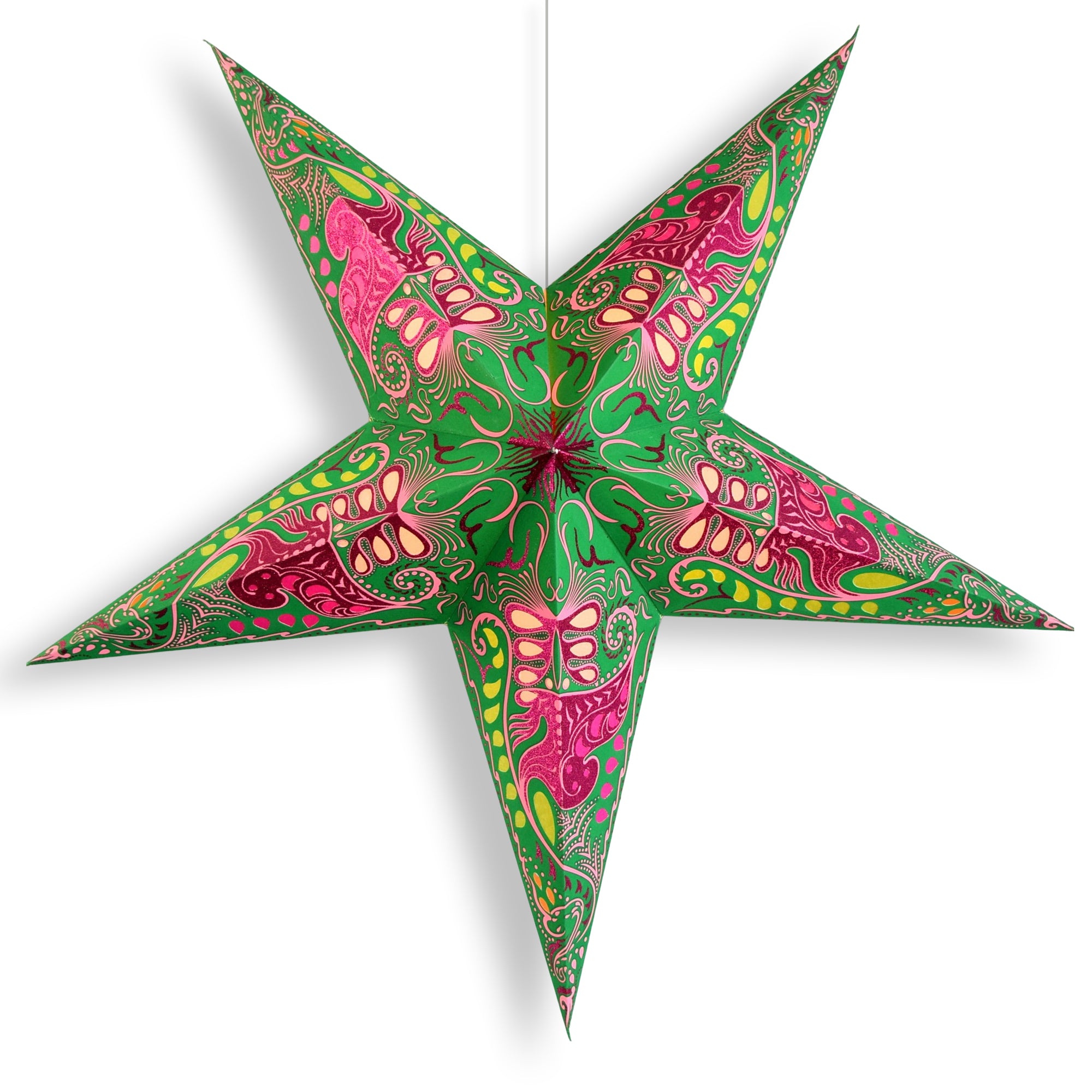24 Inch Paper Star Lantern - Green & Pink Nebula Glitter Decorative Hanging Light for Bedroom, Party, Wedding & Home Decor