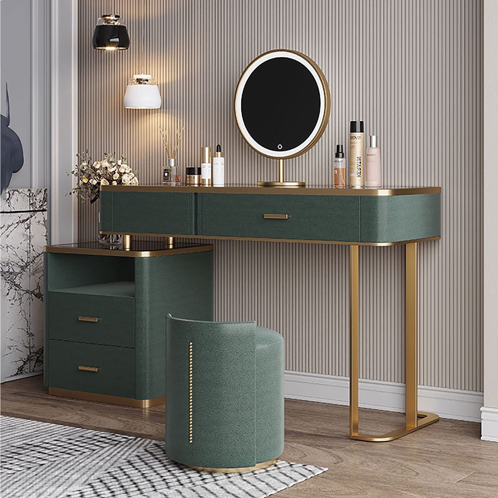 EVILO Vanity Makeup Table Set with Mirror, Drawers & Stool - Elegant Dressing Desk for Women, Girlfriend Gift - Perfect for Bedroom, Boudoir & Home Decor (Green)