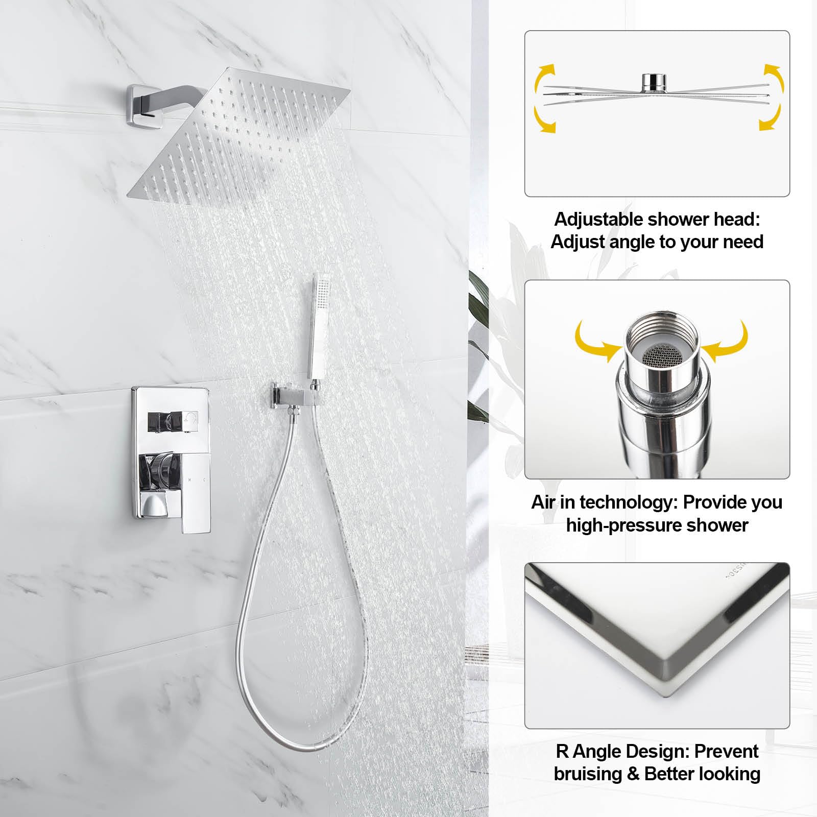 Luxury 10 Inch Wall Mounted Rain Shower System with Handheld Shower - Chrome Bathroom Faucet Set with Rough-in Valve & Trim Kit for Spa-Like Shower Experience