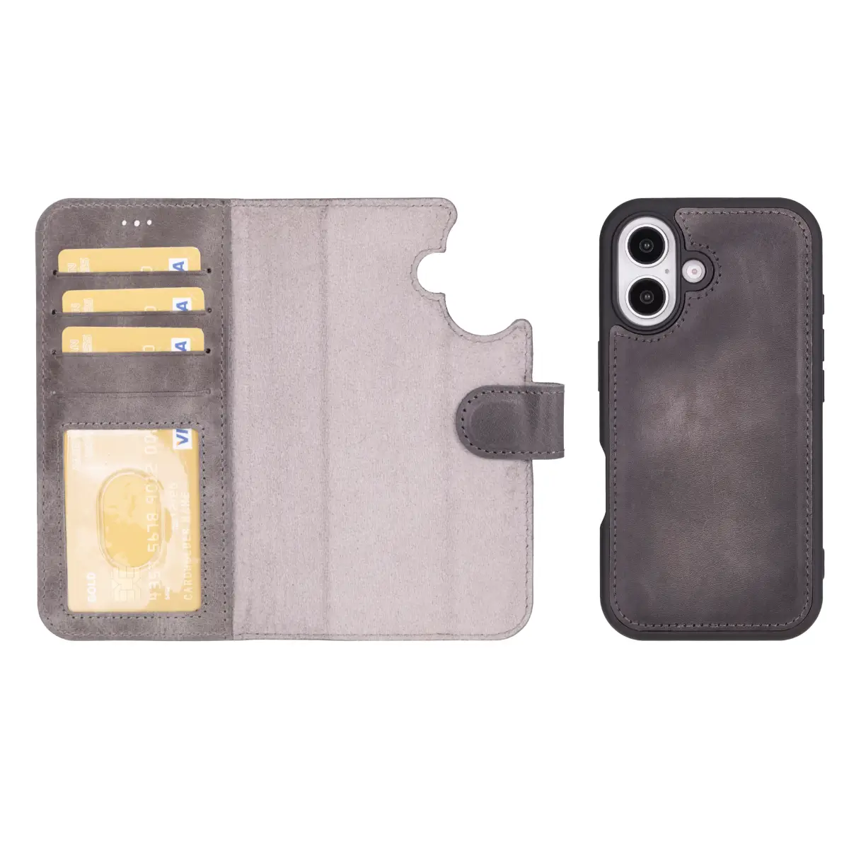 Premium Burnished Gray Leather Wallet Case for iPhone 16 (2024 Model) - Slim Protective Cover with Card Slots | Perfect for Everyday Use, Travel & Business Professionals