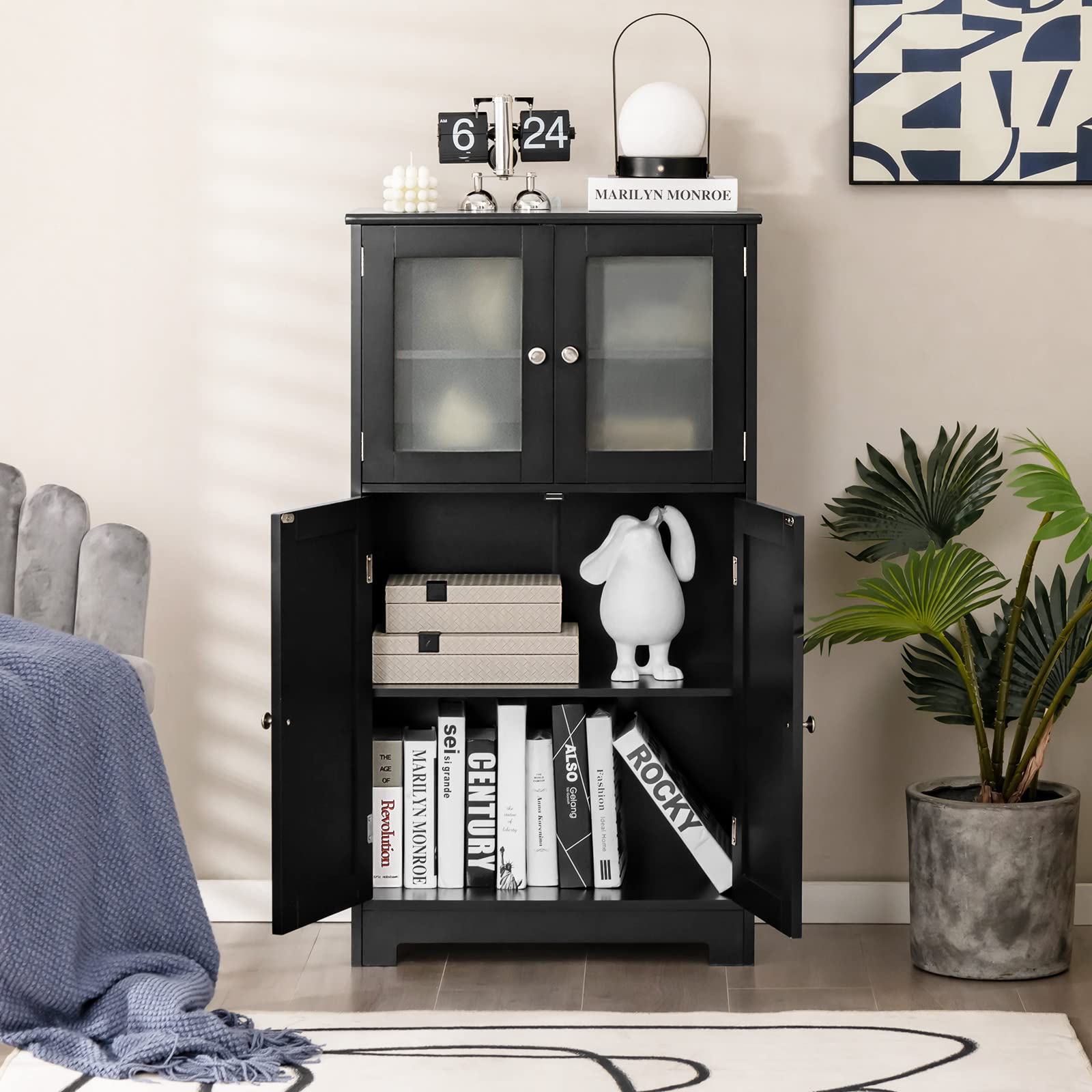 Tangkula Freestanding Bathroom Floor Cabinet with Glass Doors - Adjustable Shelf Wood Storage Cabinet for Bathroom, Kitchen, Hallway, Living Room & Office - Perfect for Organizing Towels, Toiletries & Home Decor (Black)