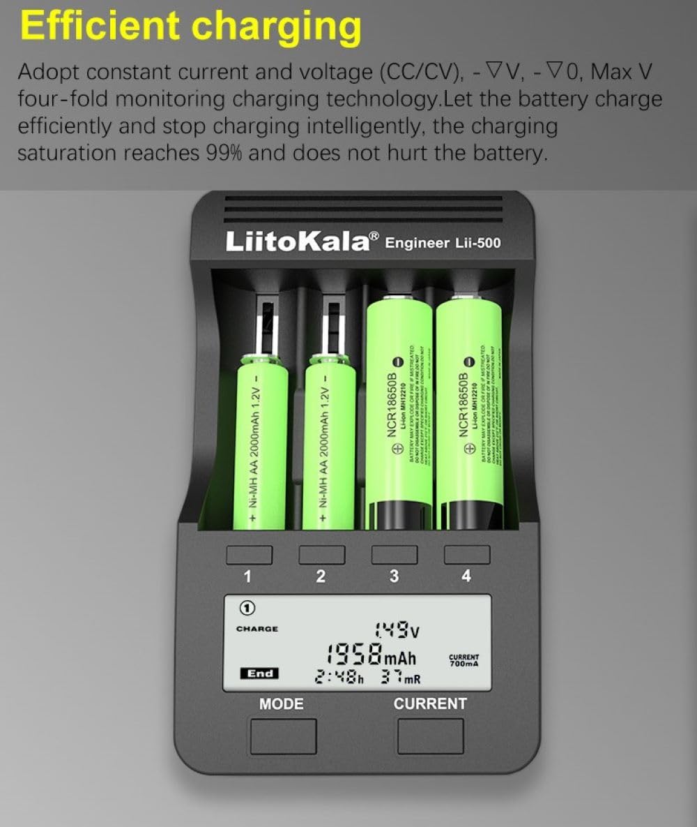 LiitoKala Lii-500 Smart Universal Battery Charger with LCD Display - Compatible with 18650, 26650, AA, AAA Batteries - Capacity Testing & Touch Button - Perfect for Home, Office, and Travel Use