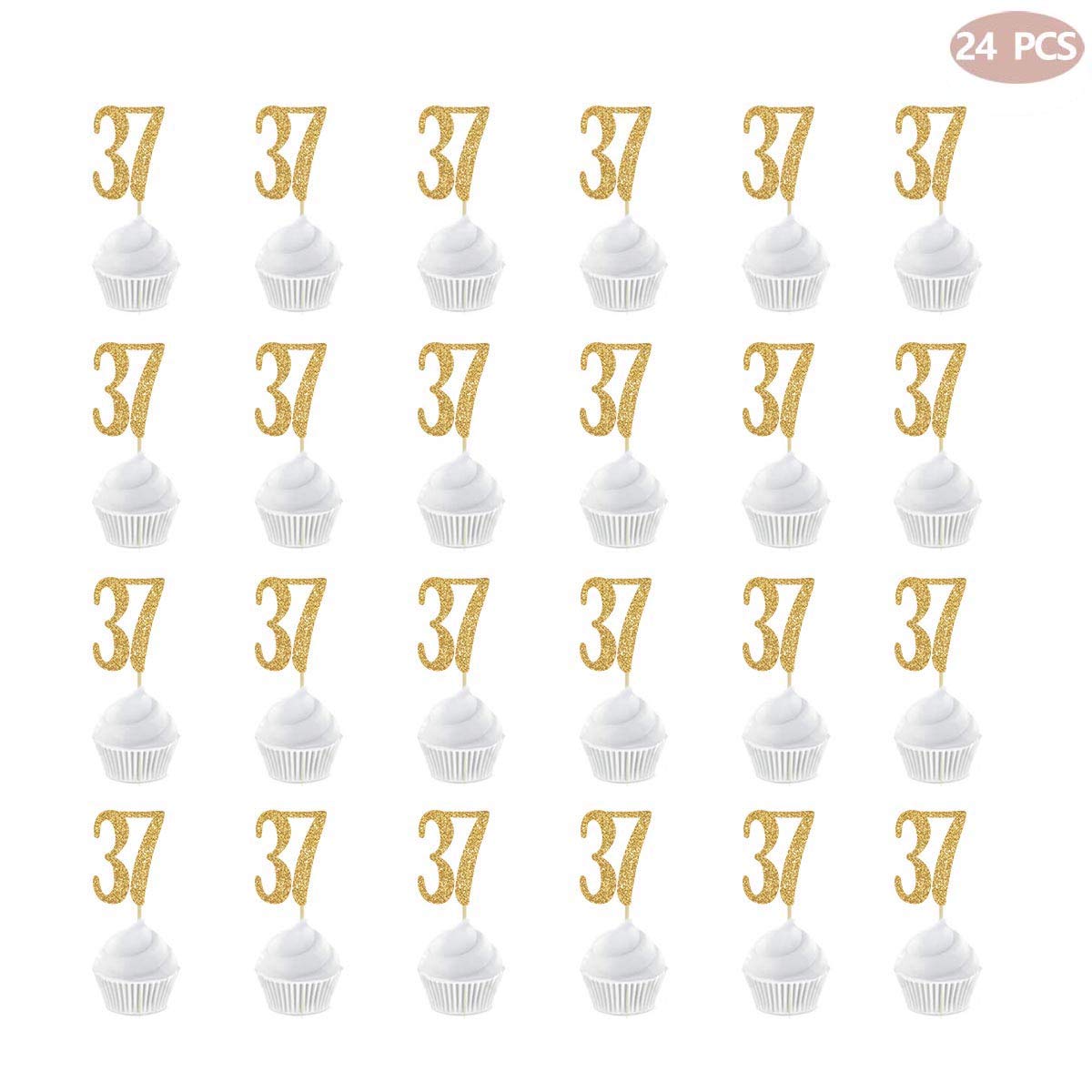 Gold Happy 37th Birthday Cupcake Toppers - 24-Pack Glitter Number 37 Cake Decorations for Anniversary Parties, Milestone Celebrations & Special Occasions