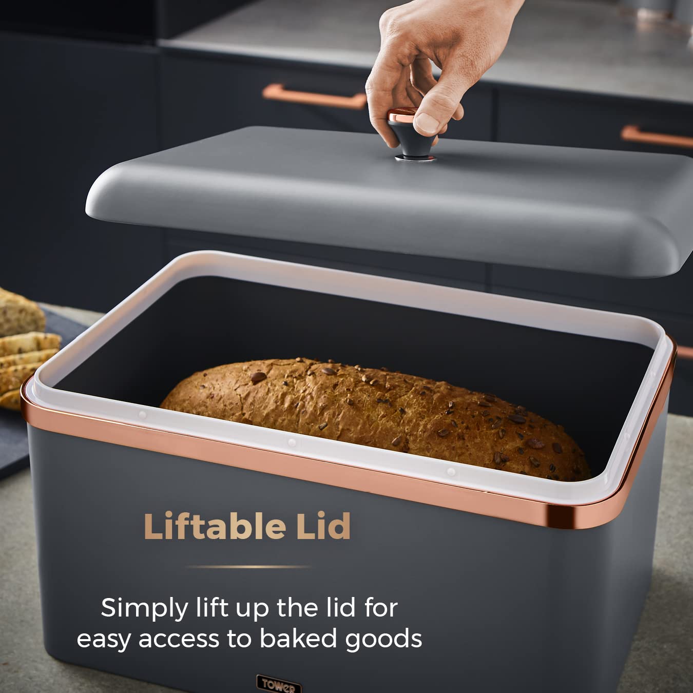 Cavaletto Bread Bin with Removable Lid - Large Capacity Stainless Steel Bread Box for Kitchen Storage | Grey & Rose Gold | Perfect for Countertop Organization & Fresh Bread Keeping