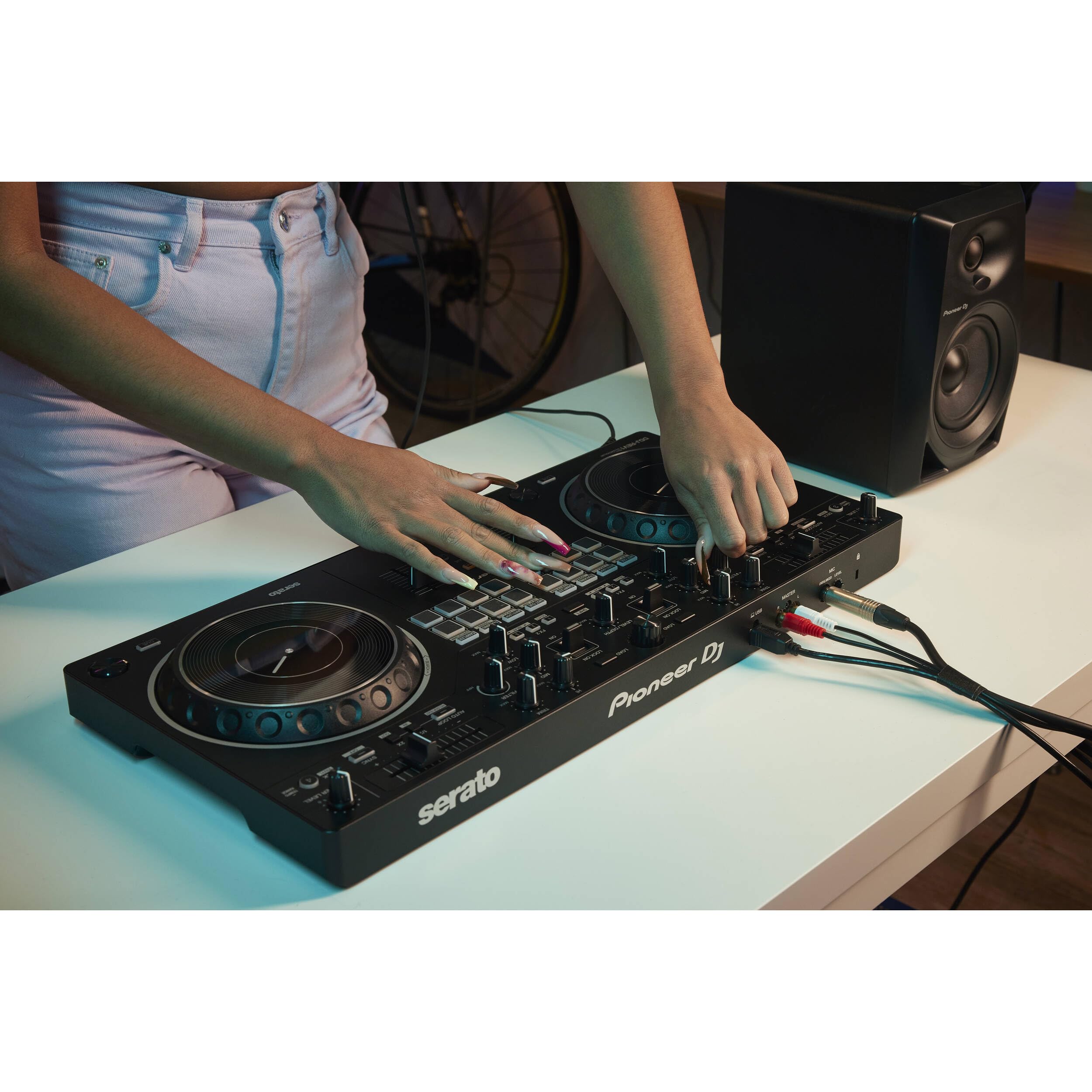 Pioneer DDJ-REV1 Professional DJ Controller Bundle with Adjustable Laptop Stand, Monitoring Headphones, Essential Cables & Polishing Cloth - Perfect for Live Performances, Home Studios & DJ Beginners