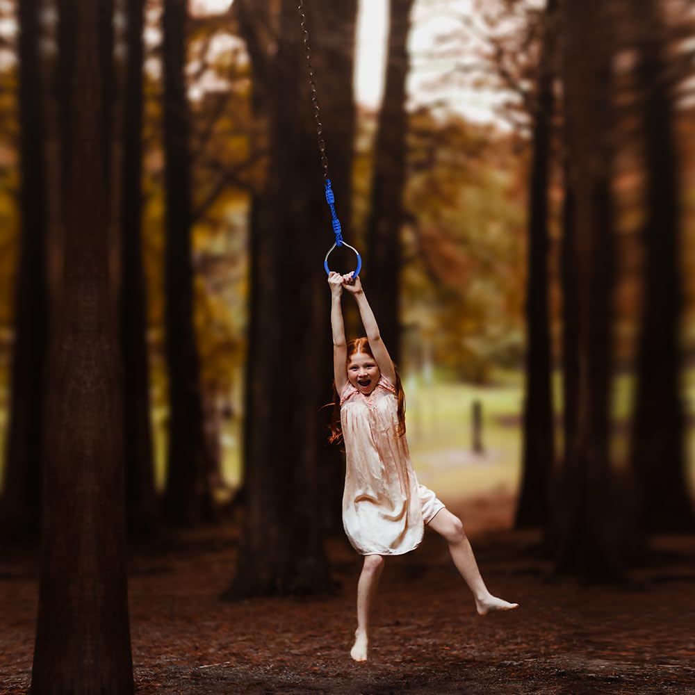 Premium Hanging Gymnastic Rings for Kids - Outdoor Ninja Warrior Obstacle Course Equipment with Carabiner Clips | Perfect for Backyard Playgrounds, Climbing Frames, Garden Swings & Slackline Training | Durable Blue Fitness Rings for Home Exercise & Kids Ninja Training