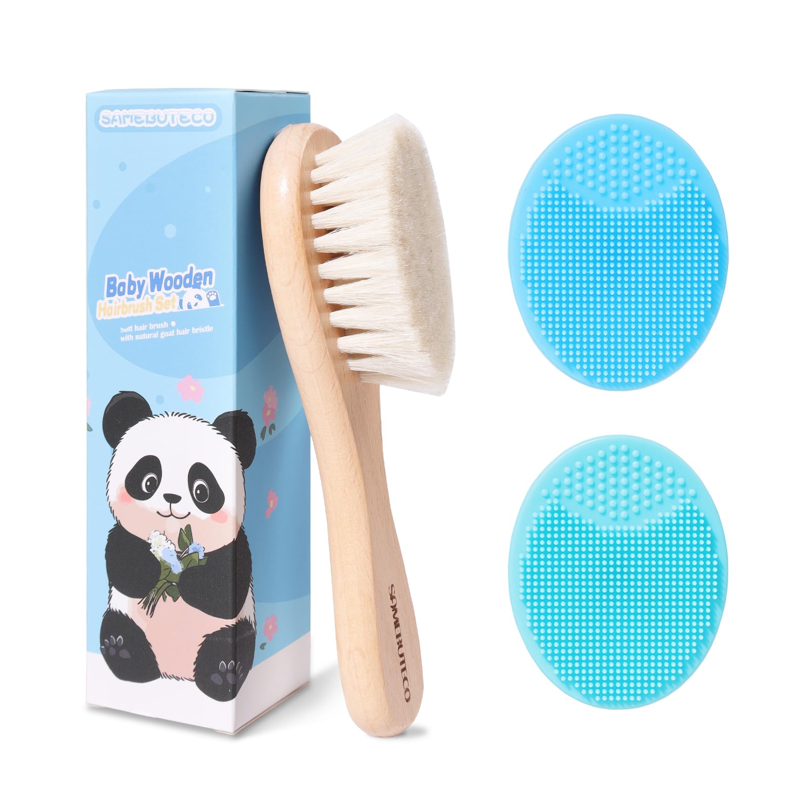 **Goat Hair & Silicone Baby Hair Brush Set - 2-Piece Cradle Cap Brush with Wood Handle for Newborns & Toddlers (3-Pack) - Gentle Scalp Care for Bath Time & Daily Grooming**