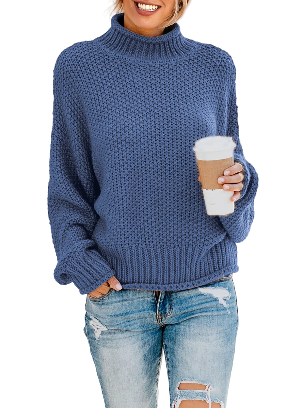Dokotoo Women's 2024 Winter Fall Solid Color Turtleneck High Neck Balloon Sleeve Long Sleeve Sweater Pullover - Cozy Casual Outerwear for Work, Date Night & Holiday Gatherings
