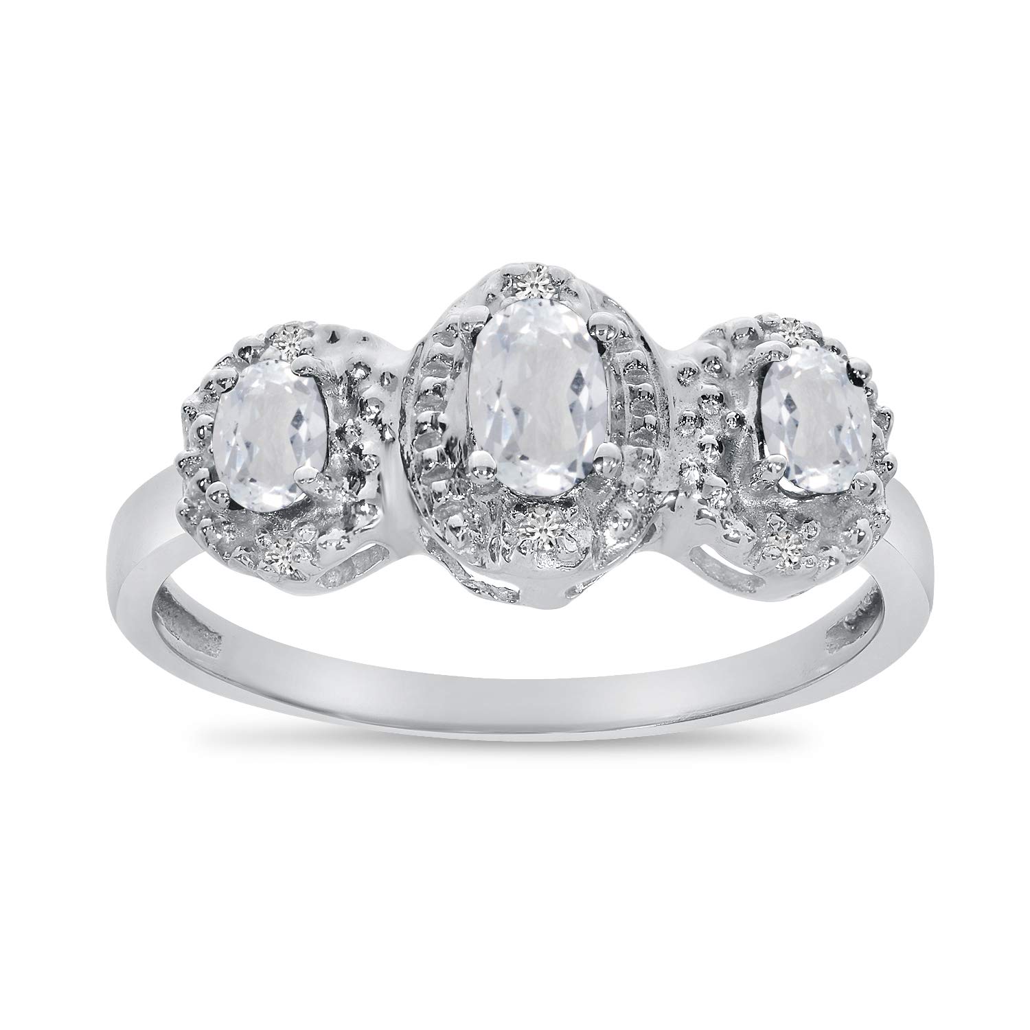 14K White Gold Oval White Topaz & Diamond Three Stone Ring for Women – Elegant Bridal, Engagement & Anniversary Jewelry Gift