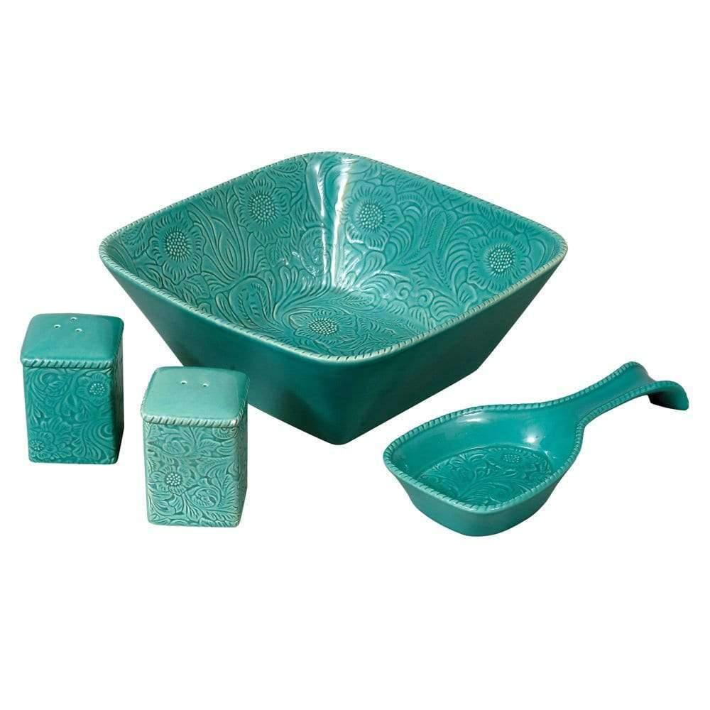Turquoise Western Kitchen Decor Set - Handmade Ceramic Bowls, Plates & Mugs for Rustic Farmhouse Style - Perfect for Country Themed Dining, Home Decor & Gift Giving