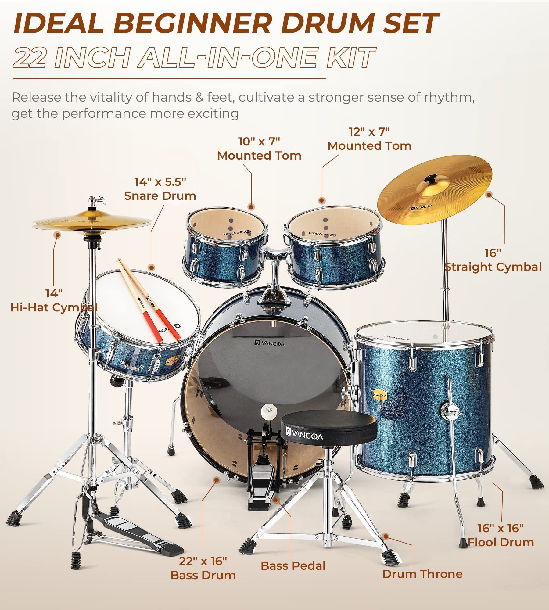 Vangoa 5-Piece Full Size Acoustic Drum Set for Beginners - 22 Inch Student Drum Kit with Cymbals, Stands, Stool, Pedal & Sticks (Blue) | Perfect for Teens, Adults & Music Enthusiasts - Home Practice, Studio Recording & Live Performances