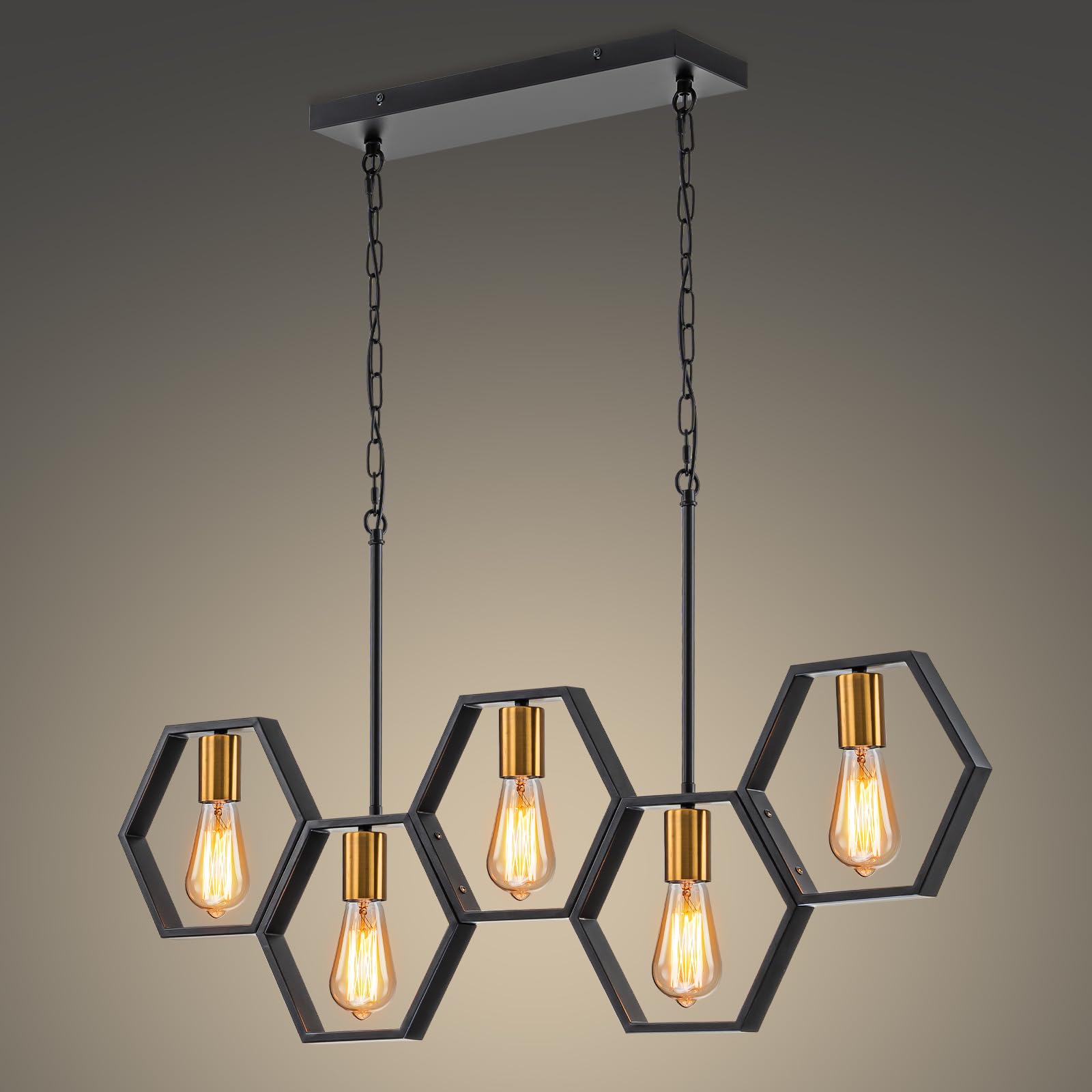 Farmhouse 5-Light Kitchen Island Chandelier - Adjustable Height Industrial Rectangular Pendant Light for Dining Room & Pool Table (Black/Gold) - Perfect for Farmhouse Decor, Kitchen Islands, and Game Room Lighting