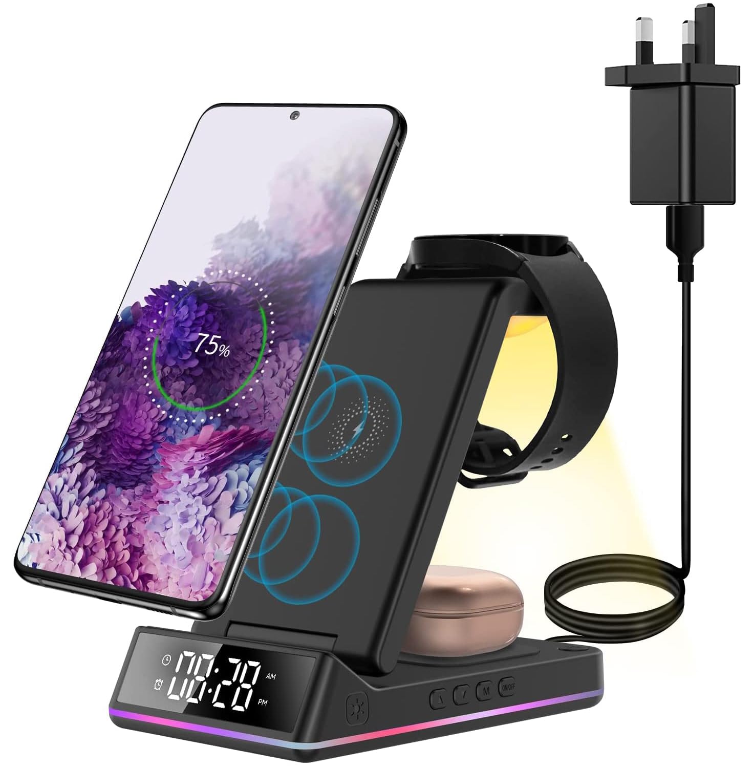 5-in-1 Wireless Charging Station with Alarm Clock & Night Light - Fast Qi Charger for Samsung S23/S22/S21/S20, Z Flip 4/3, Z Fold, Galaxy Buds & Watch 5/5 Pro/4/3 - Perfect for Bedside, Office & Travel Charging