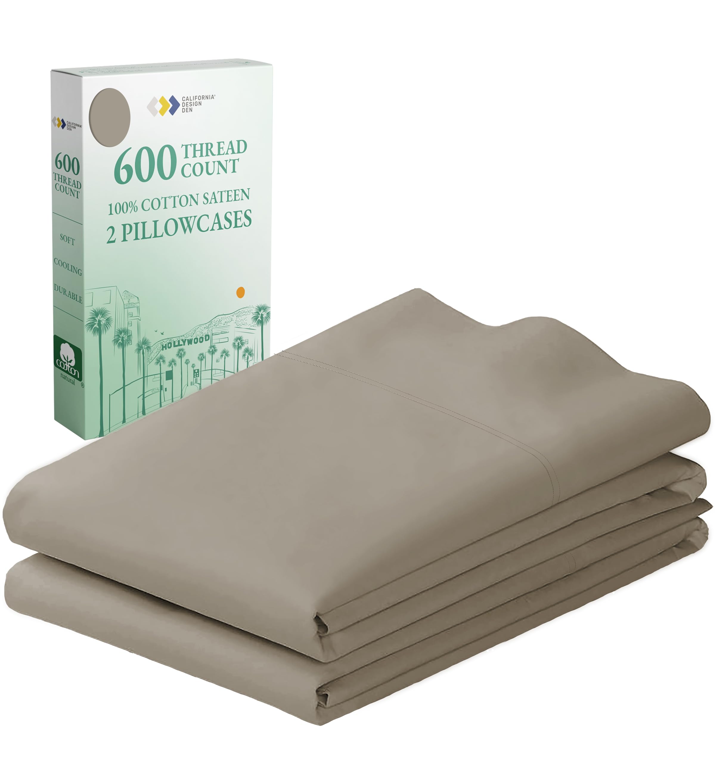 Luxury 600 Thread Count 100% Cotton Pillowcase Set of 2 - Queen Size Hotel Quality Soft Pillow Cases for Standard & Queen Pillows (Taupe) | Perfect for Bedroom Upgrade, Guest Room Essentials & Spa-Like Sleep Experience