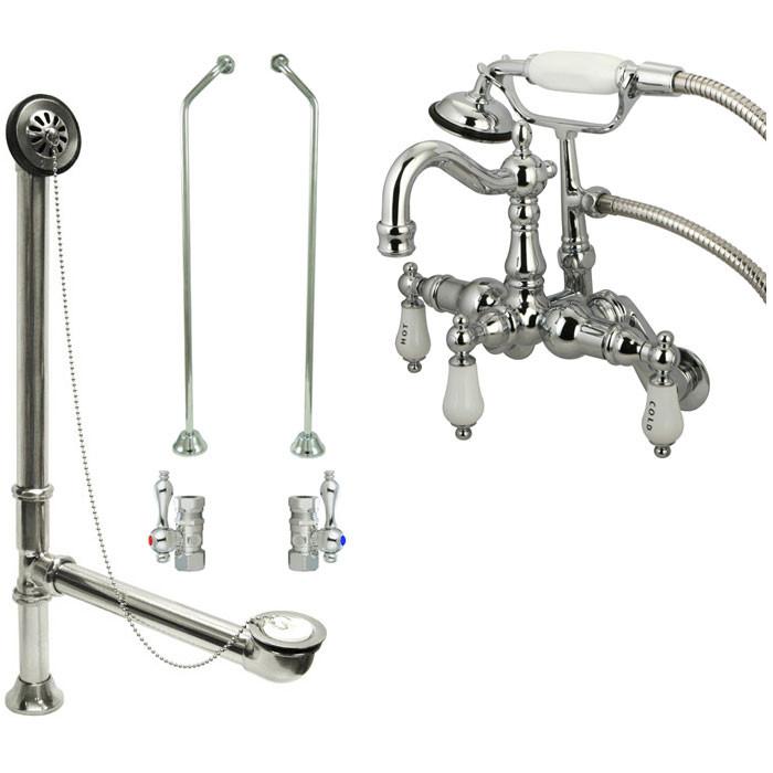 Chrome Wall Mount Clawfoot Bathtub Faucet with Hand Shower and Drain Stops - Vintage Style Bathroom Fixture for Classic & Modern Bathrooms (Model CC1304T1) | Perfect for Spa-Like Relaxation and Luxury Bathroom Upgrades