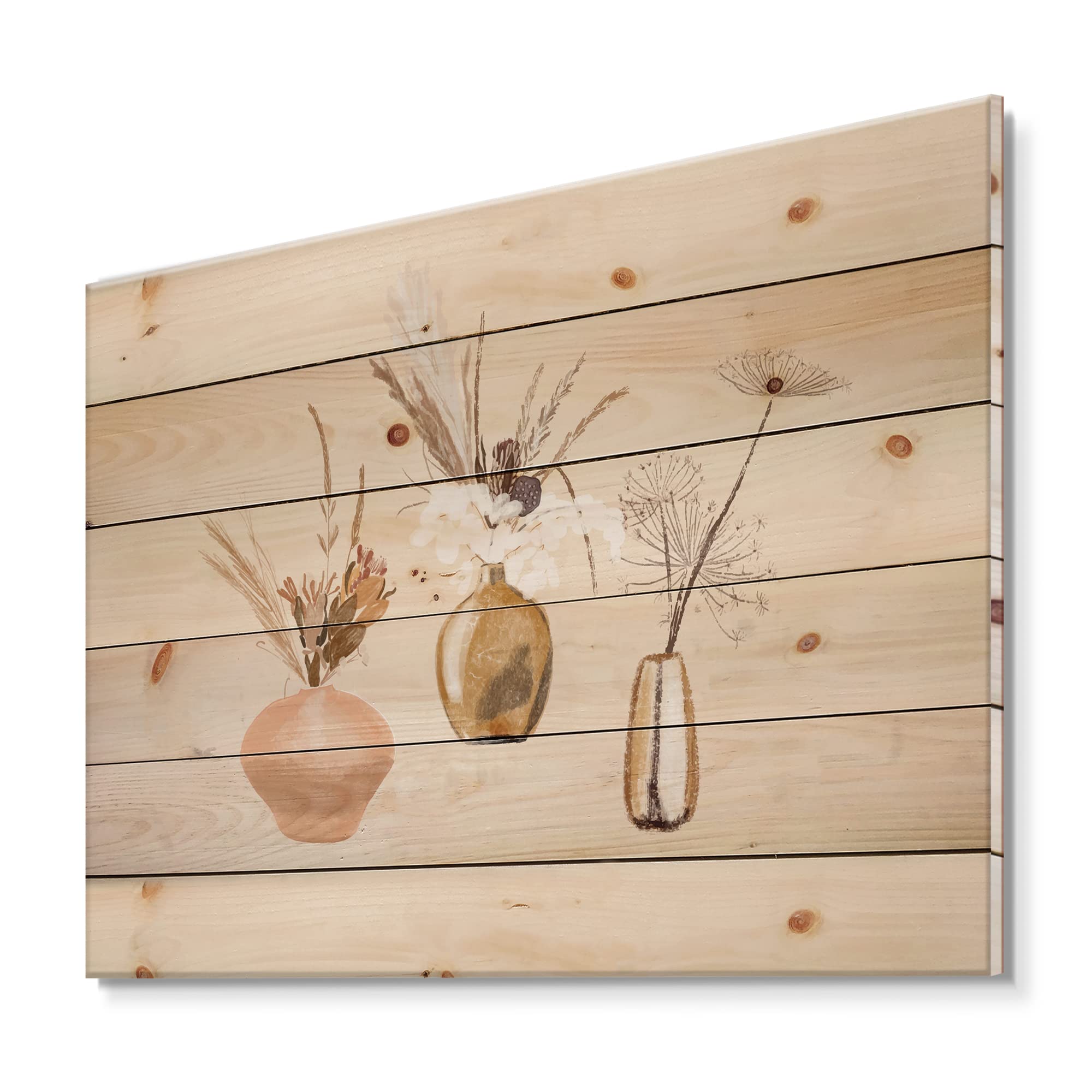 DesignQ Wildflower Bouquets in Gold Vases - Traditional Wood Wall Decor, Beige Floral Wall Art, Large Pine Wood Wall Panels | Perfect for Living Room, Bedroom & Farmhouse Decor