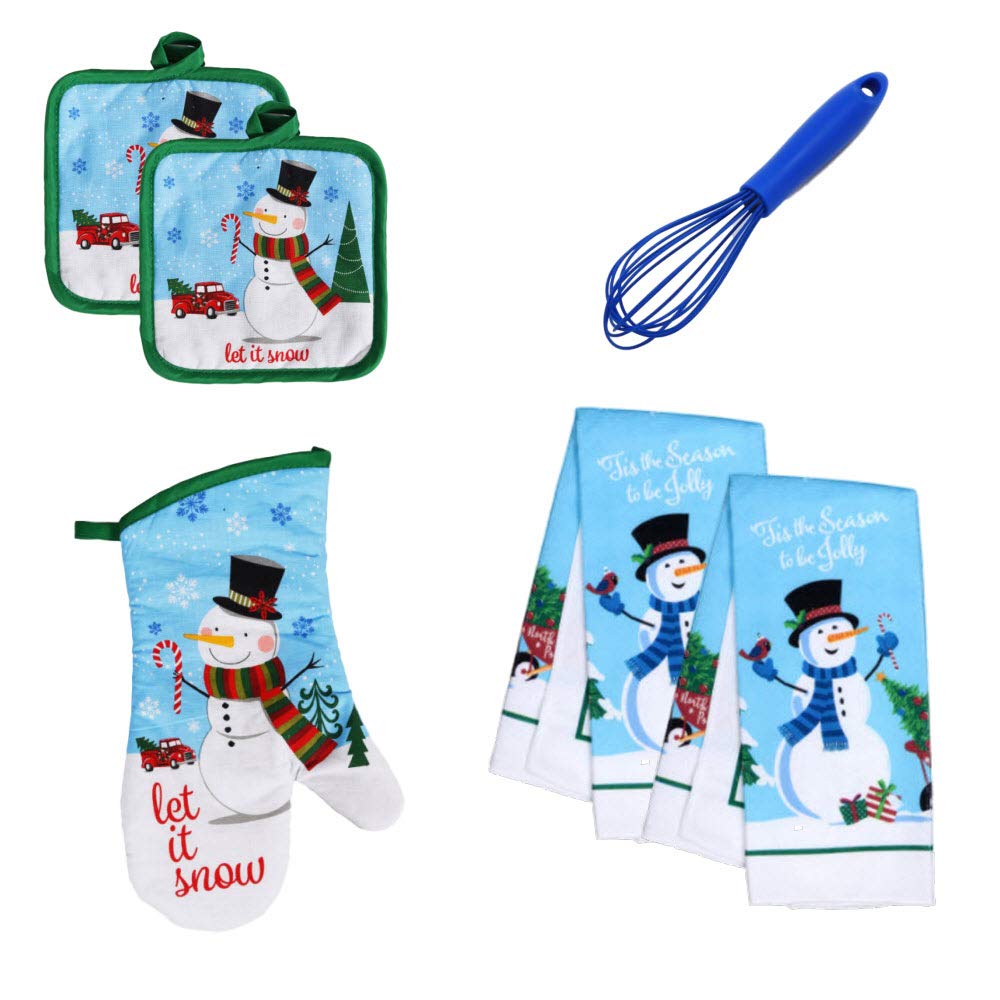 Farmhouse Style Snowman Kitchen Towel Set with Pot Holders, Oven Mitt & Whisk - Christmas Holiday Decor & Baking Essentials for Cozy Winter Cooking