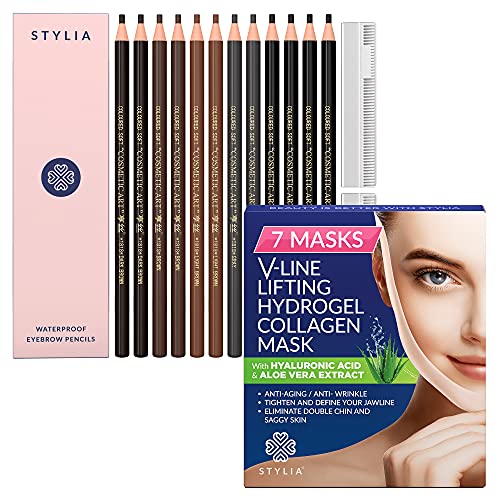 12 Pack Waterproof Eyebrow Pencils - 7 Piece V-Line Lifting Hydrogel Face Masks with Collagen & Aloe Vera for Eyebrow Shaping & Facial Contouring | Perfect for Daily Makeup & Skincare Routine