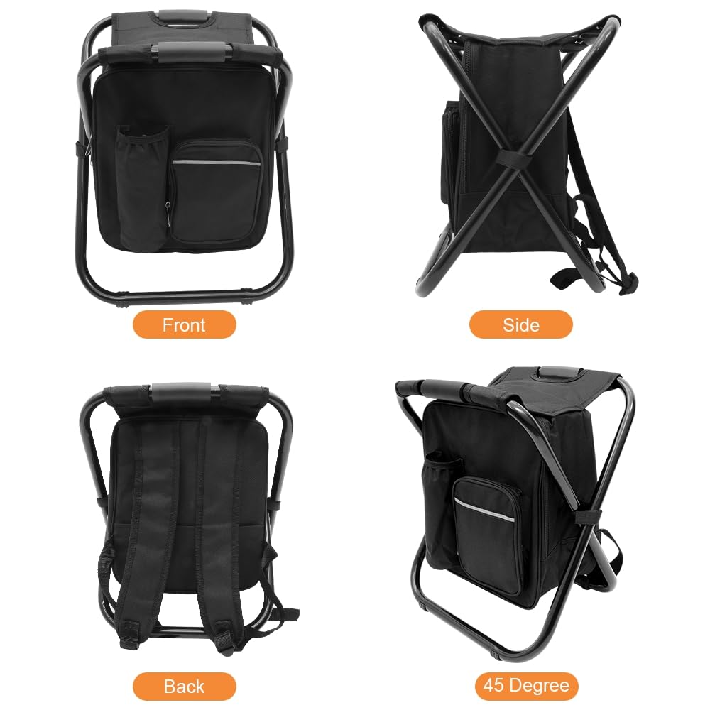 Portable Folding Camping Stool with Backpack & Cooler Bag - Lightweight Hiking Seat for Outdoor Fishing, Hunting & Picnics - Perfect for Camping, Beach & Backpacking Trips (Black)