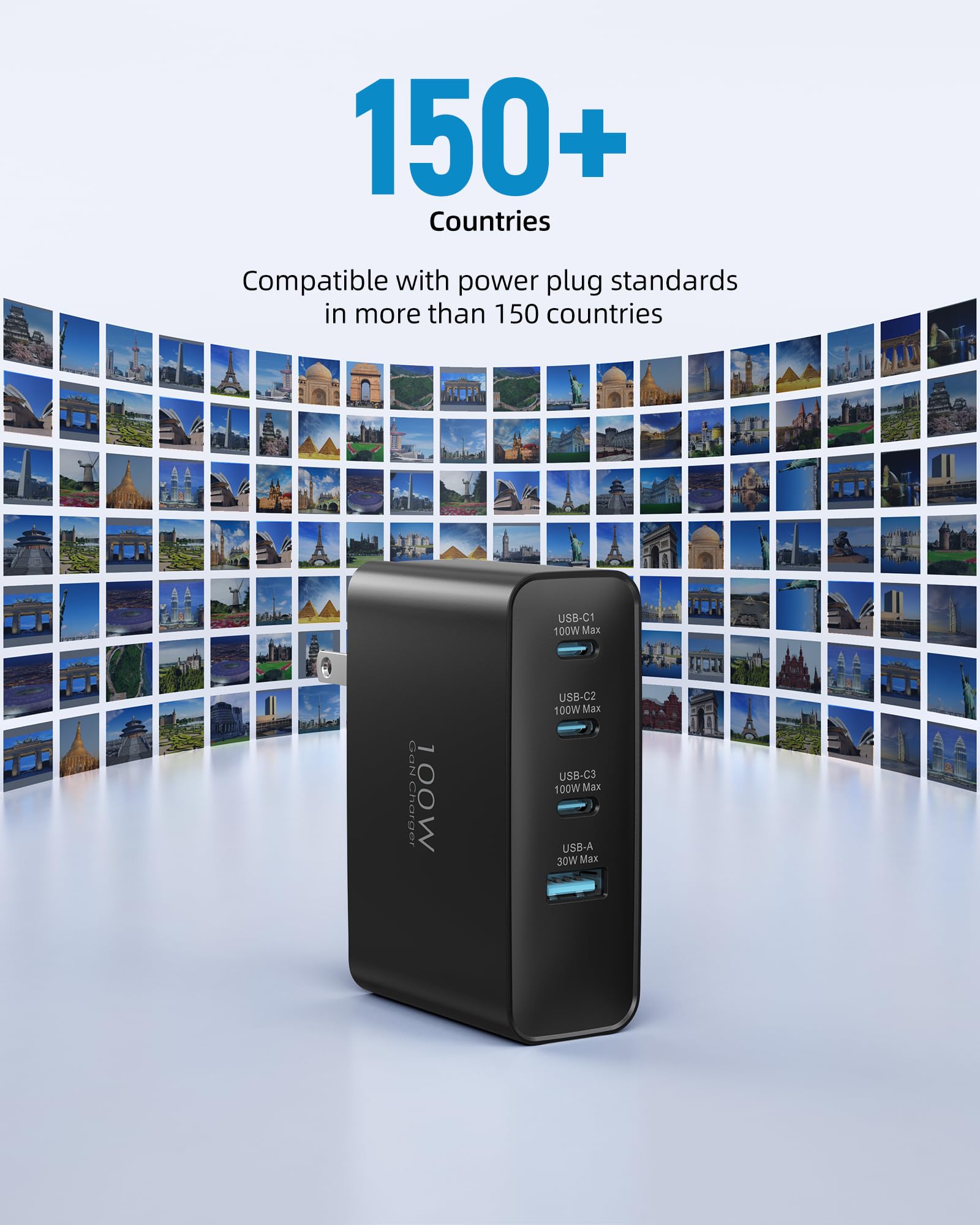 Topadre 100W USB C Fast Travel Charger with 4-Ports & Foldable Design - Universal UK/EU/AU Plug Adapter for MacBook Pro/Air, iPad Pro/Air, iPhone 15/14 Pro Max, Samsung Galaxy - Perfect for Business Travel & International Trips