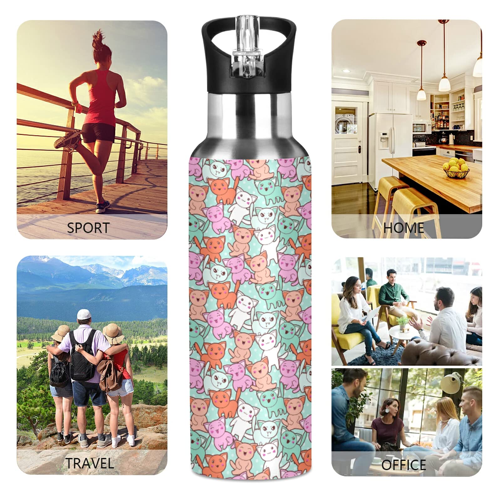 Kawaii Cartoon Cat Pattern Green Stainless Steel 600ml Water Bottle - Leak Proof, BPA Free, Insulated Thermos for Gym, School, Office, Hiking & Outdoor Activities - Cute Drinkware for Kids & Adults