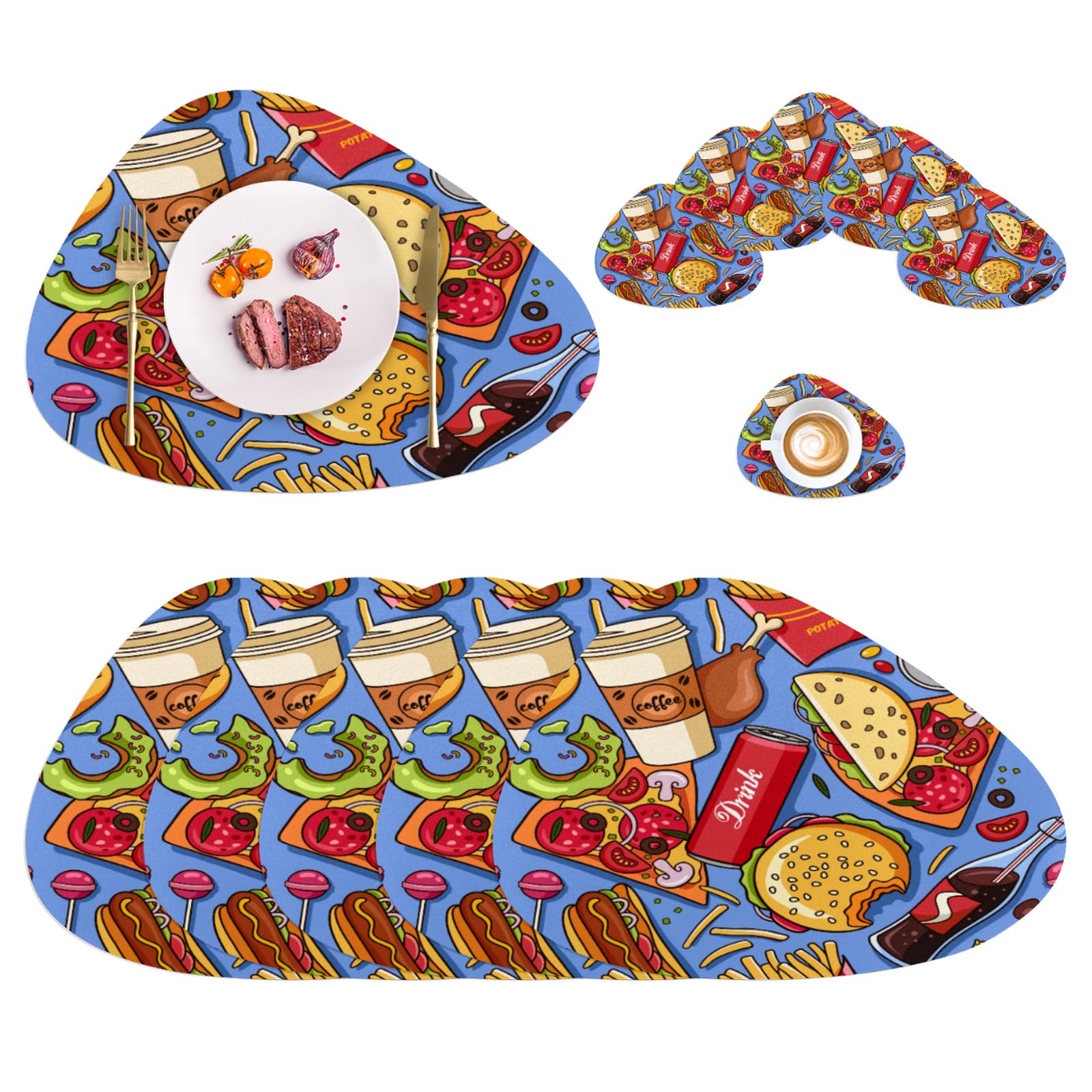 6-Piece Fast Food Themed Placemats Set - Pizza & Coke Design, Heat-Resistant Leather Coasters with Non-Slip Backing - Perfect for Parties, BBQs, Holidays & Everyday Dining Decor