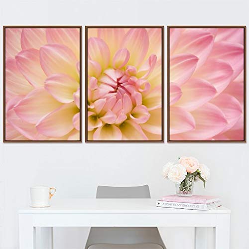 Pink and Yellow Dahlia Flower Framed Canvas Wall Art - Modern Floral Photography in Duotone for Living Room, Bedroom, Office Decor - 3 Panels 24