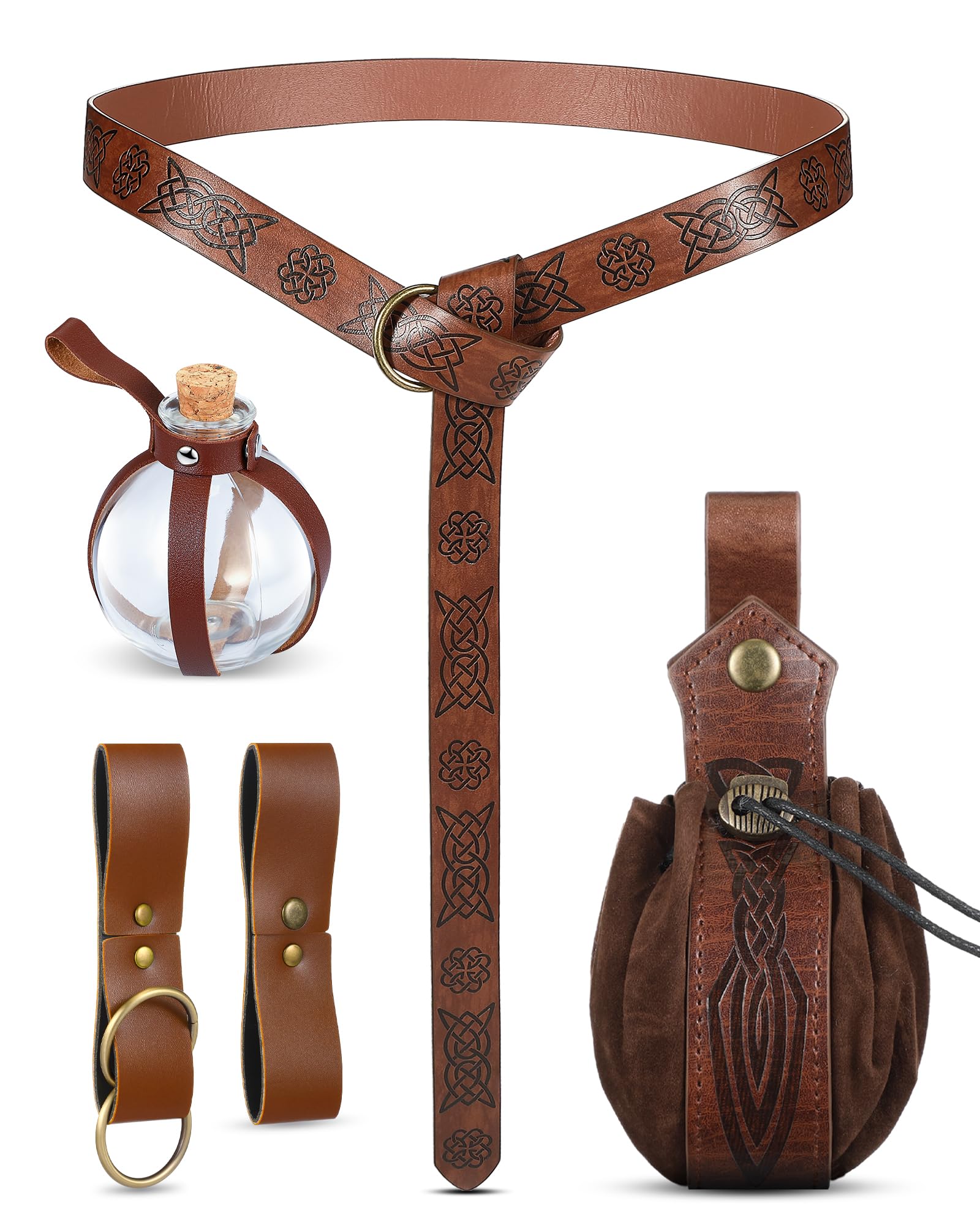 Sweetude 6-Piece Medieval Belt Accessories Set - Renaissance Viking Style Leather Pouches & Potion Bottles for Cosplay, LARP, Renaissance Fairs & Historical Reenactments