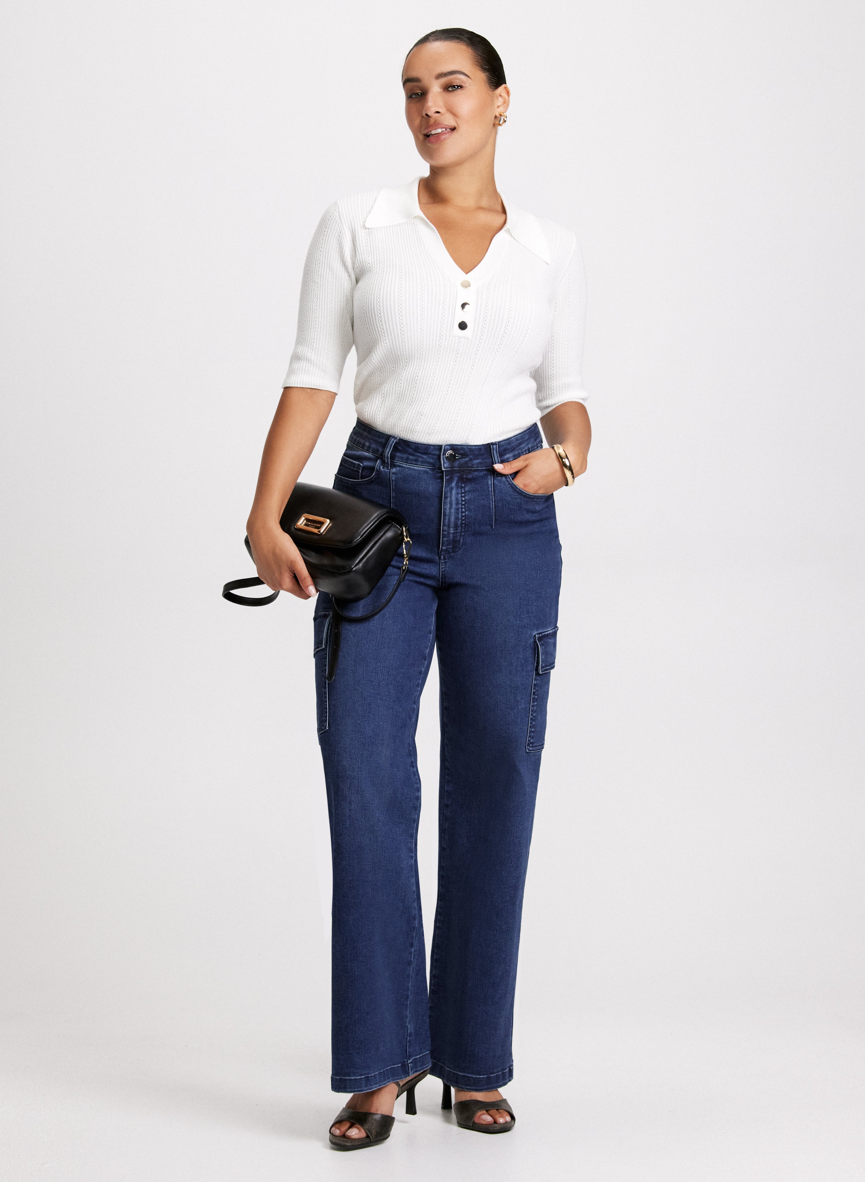 Women's Elbow Sleeve Knit Sweater & High Waist Wide Leg Cargo Jeans Set - Casual Chic Outfit for Fall Fashion, Date Night and Streetwear Looks