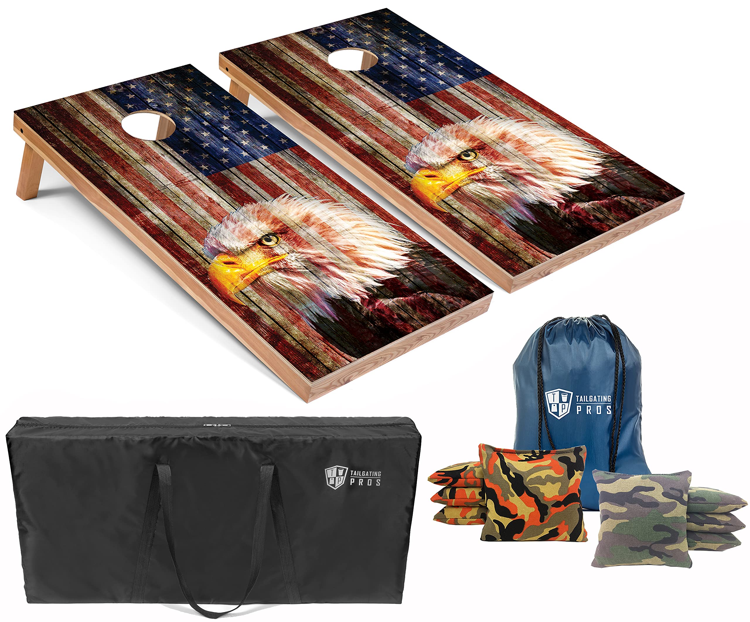 Patriotic Eagle US Flag Cornhole Board Set with Bean Bags & Carrying Case - 4'x2' Premium Outdoor Toss Game - Optional LED Lights for Backyard, Tailgating, and Party Games