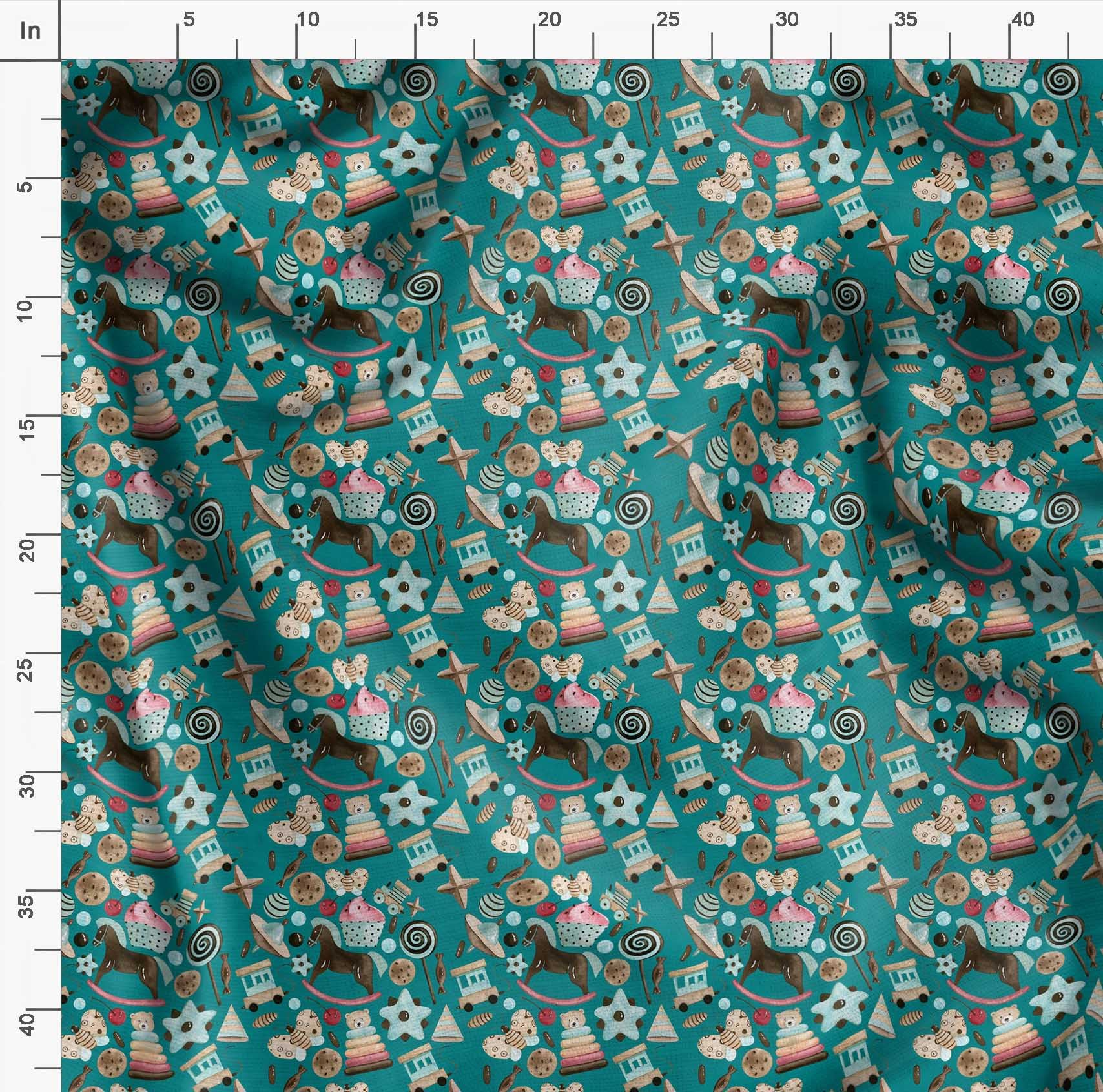 Soimoi Green Silk Fabric by The Yard - 42 Inch Wide - Cartoon Kids Textile with Cookies, Bear & Rocking Horse Print - Sweet Playful Patterns for Children's Room Decor, DIY Projects & Crafting