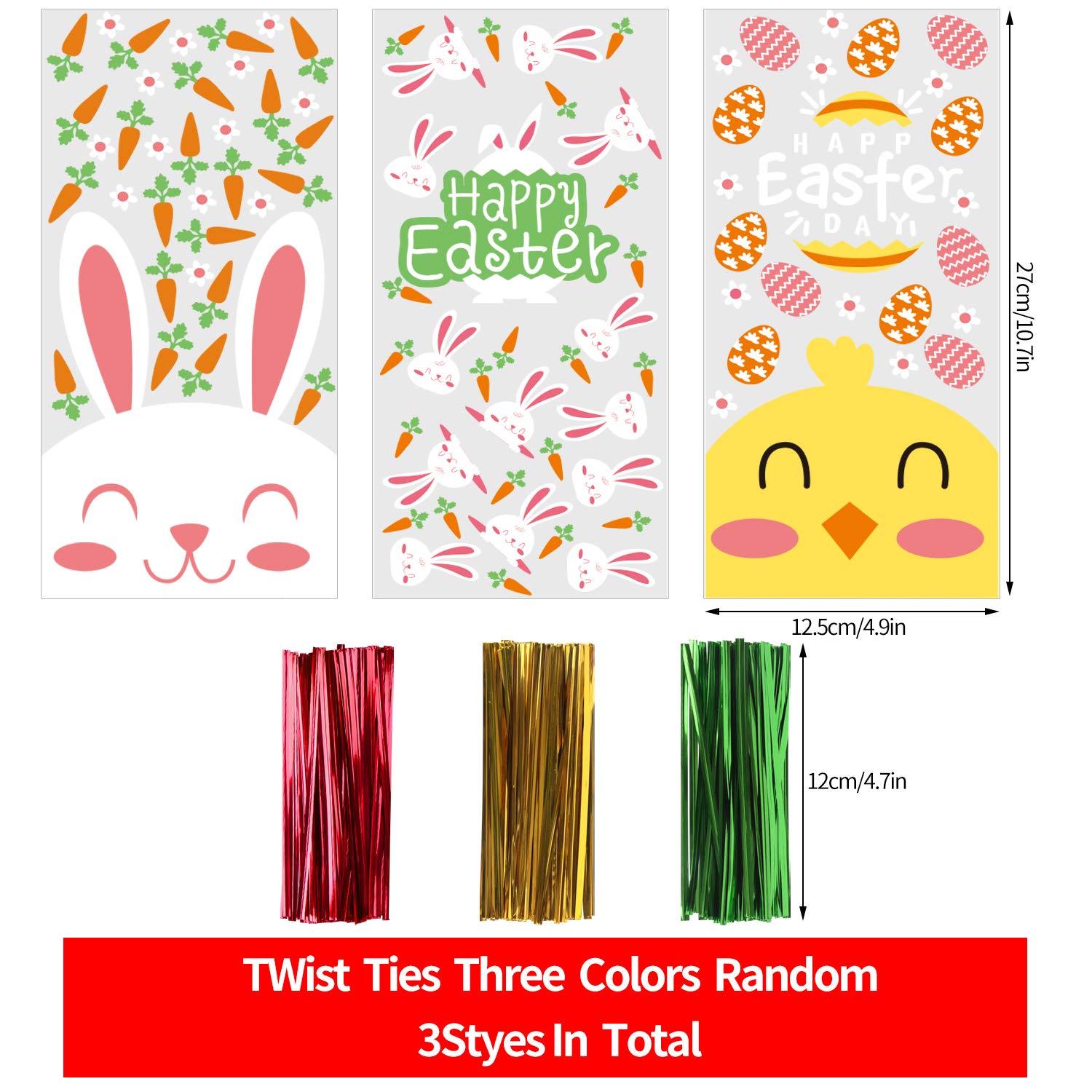 VEYLIN 120Pcs Easter Cellophane Goodie Bags with 150 Twist Ties - 5