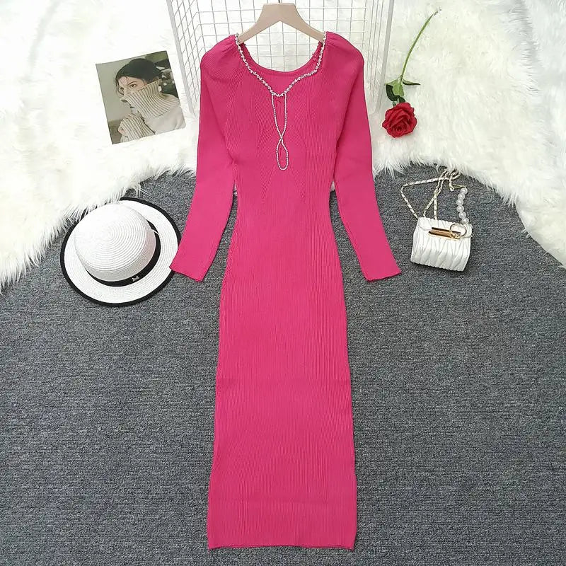 2024 French Square Neck Long Sleeve Knit Dress for Women - Elegant Solid Diamond Office Dress for Autumn Winter | Perfect for Work, Parties & Formal Occasions