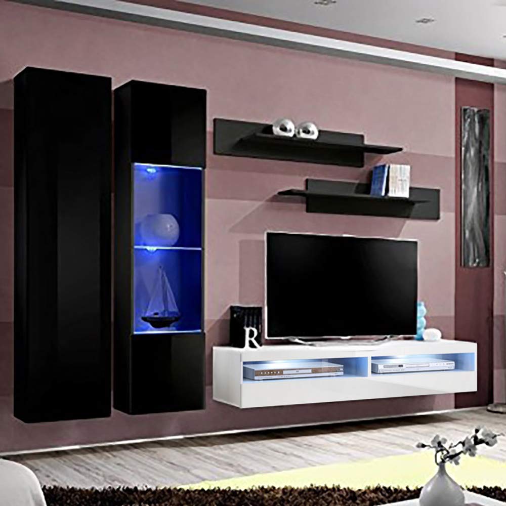 Modern Floating TV Stand with Storage & LED Lights - Wall-Mounted Entertainment Center for Bedroom & Living Room - A5 35TV Console with Shelves - Black/White - Perfect for Small Spaces & Home Theater Setup