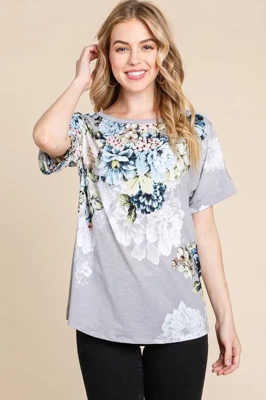 BOMBOM Women's Floral Print Round Neck Short Sleeve T-Shirt - Casual Summer Top for Outfits, Dating & Vacation
