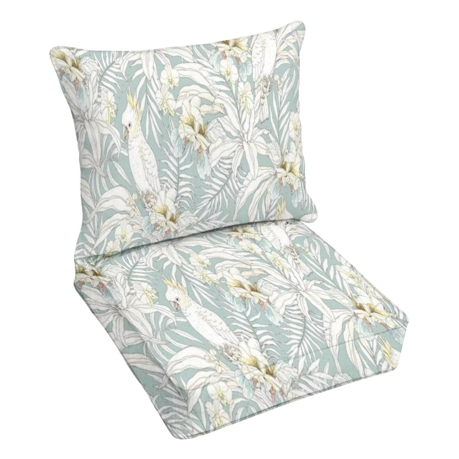 Premium Outdoor Deep Seating Cushion Set - Tropical Floral Design with Orchids, Fleur de Lis Leaves & Parrots - Waterproof Patio Furniture Replacement Cushions for Lounge Chairs - Perfect for Poolside, Garden & Backyard Relaxation