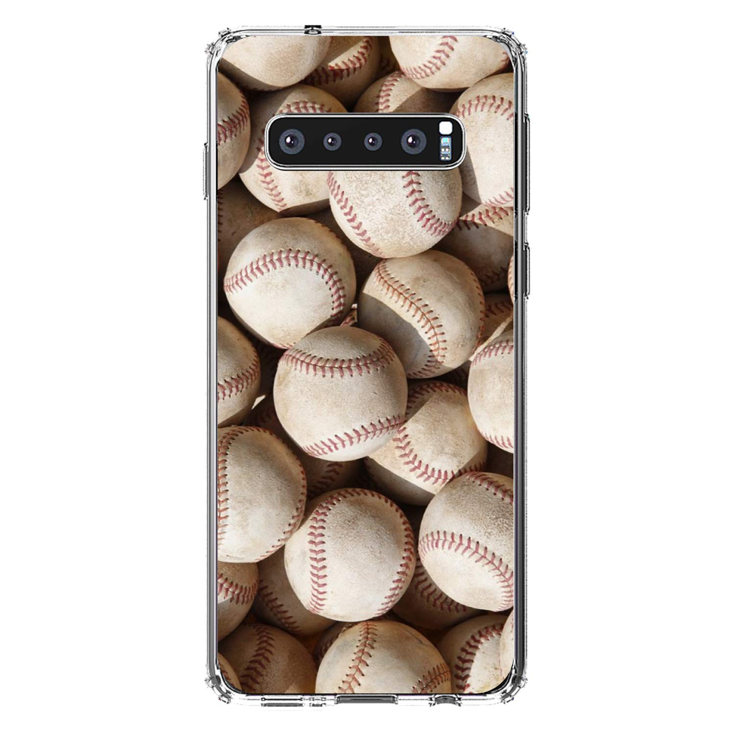 DistinctInk Clear Shockproof Hybrid Case for Samsung Galaxy S10 (6.1 Inch) - TPU Bumper & Acrylic Back with Tempered Glass Screen Protector - Baseball Design - Perfect for Baseball Fans & Daily Protection