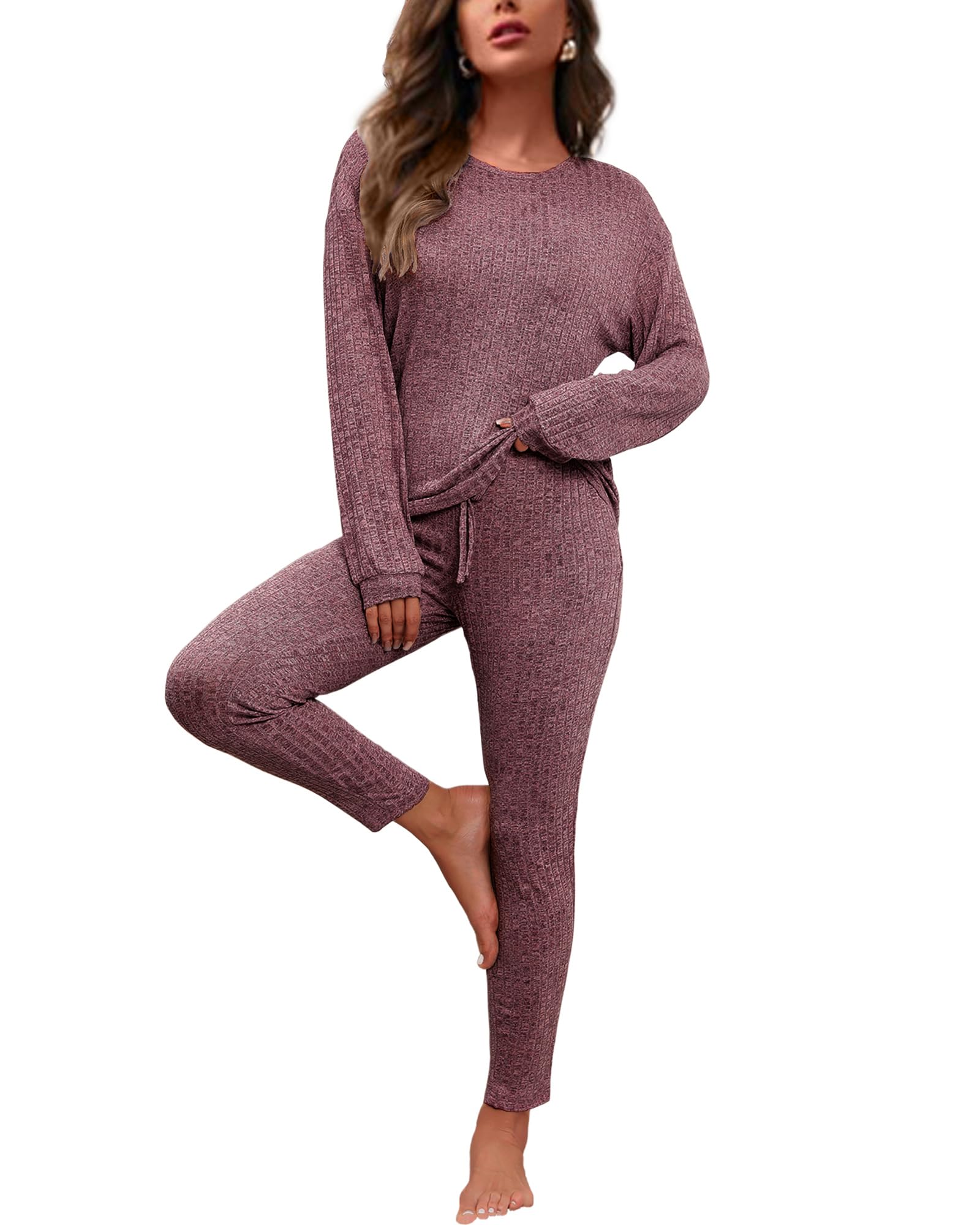 Difficort Women's Long Sleeve Pajama Set - Soft Ribbed Knit Sleepwear & Lounge PJS with Pockets | Cozy Winter Nightwear for Home Relaxation & Sleep