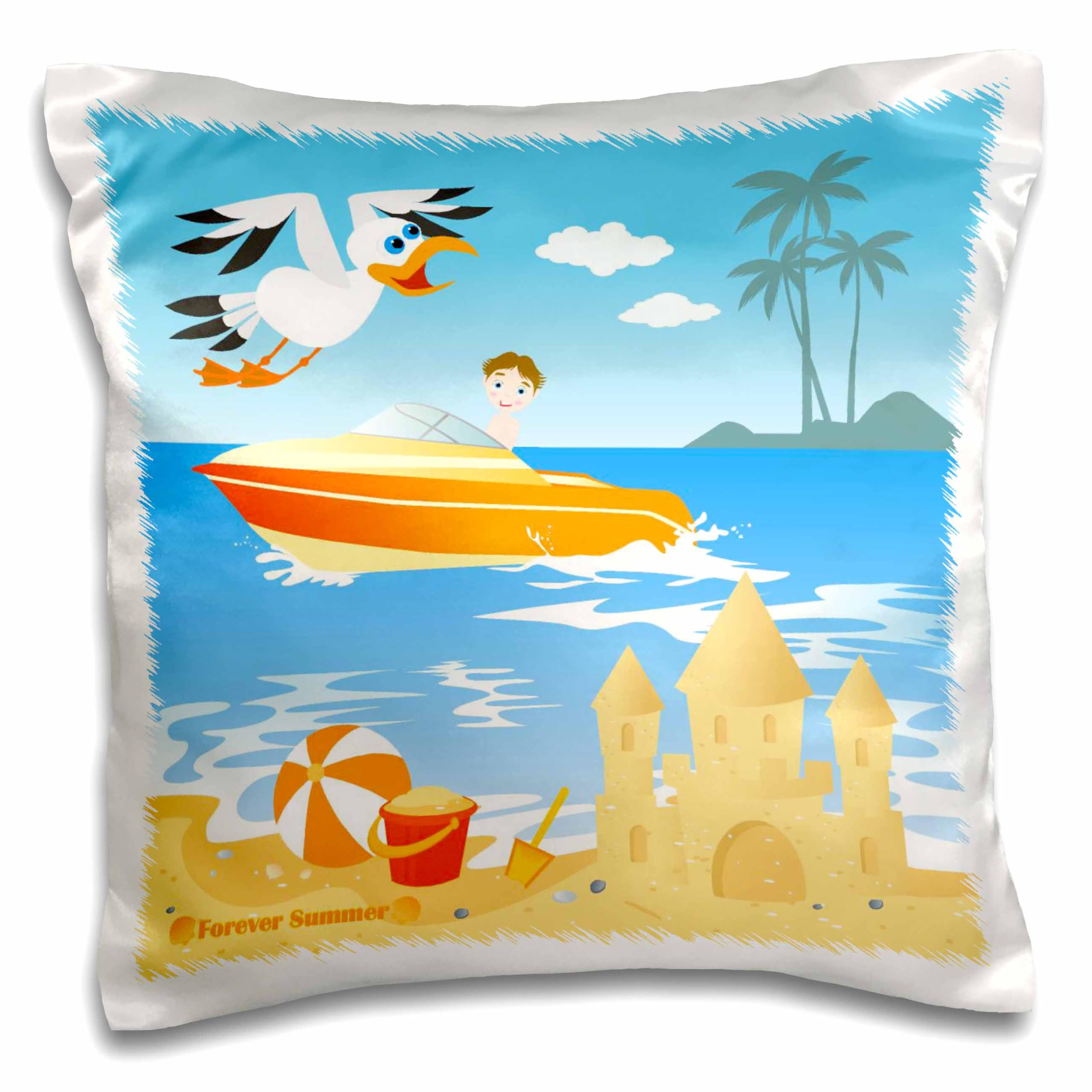 3D Rose Summer Beach Boy Riding Boat Near Sand Castle & Seagull - 16x16 Inch Decorative Pillow Cover for Living Room, Bedroom & Outdoor Patio Decor