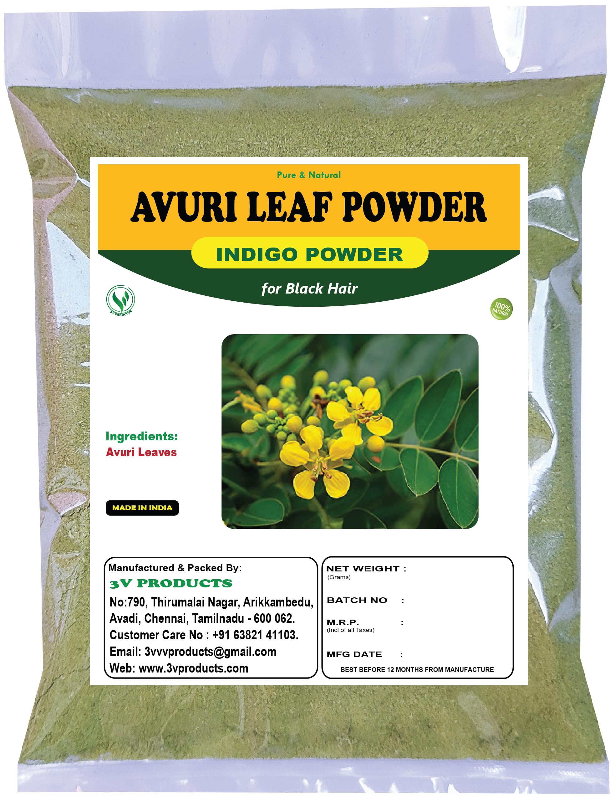 3V PRODUCTS Avuri Indigo Leaf Powder for Black Hair - 100g (2x50g) | Natural Hair Dye for Gray Coverage, DIY Hair Coloring | Perfect for Home Use & Salon Treatments
