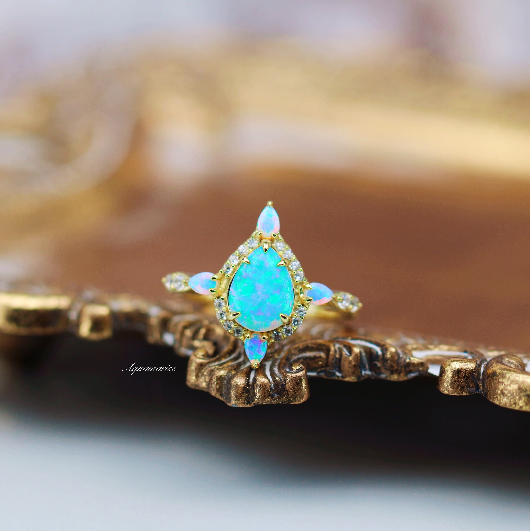 Blue Fire Opal Engagement Ring - 14K Yellow Gold Vermeil for Women | Elegant Wedding, Anniversary & Promise Ring | Perfect for Proposals & Special Occasions
