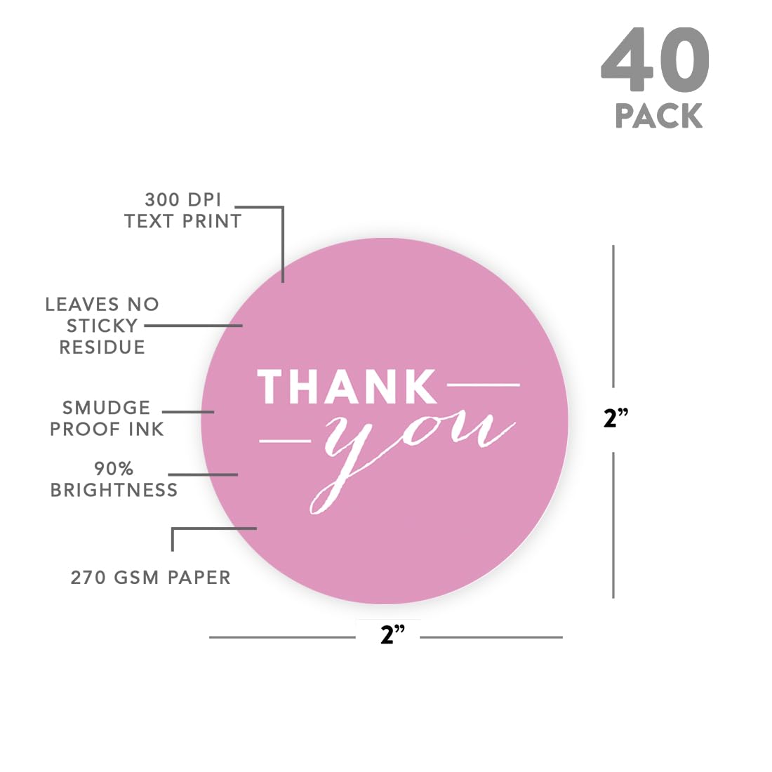 Andaz Press Circle Thank You Stickers - 40-Pack Pink Labels for Gift Wrapping, Party Favors & Craft Projects - Elegant Design for DIY, Scrapbooking & Event Decorations