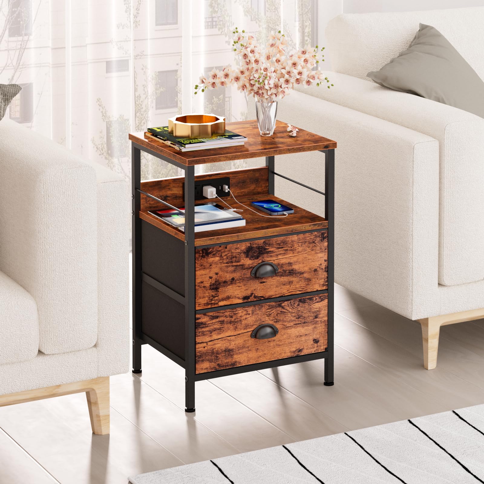 Furologee Nightstand Set of 2 - Rustic Brown Bedside Tables with Charging Station, USB Ports, 2 Fabric Drawers & Storage Shelf - Perfect for Bedroom, Living Room, or Guest Room - Ideal for Organizing Books, Lamps, and Charging Devices