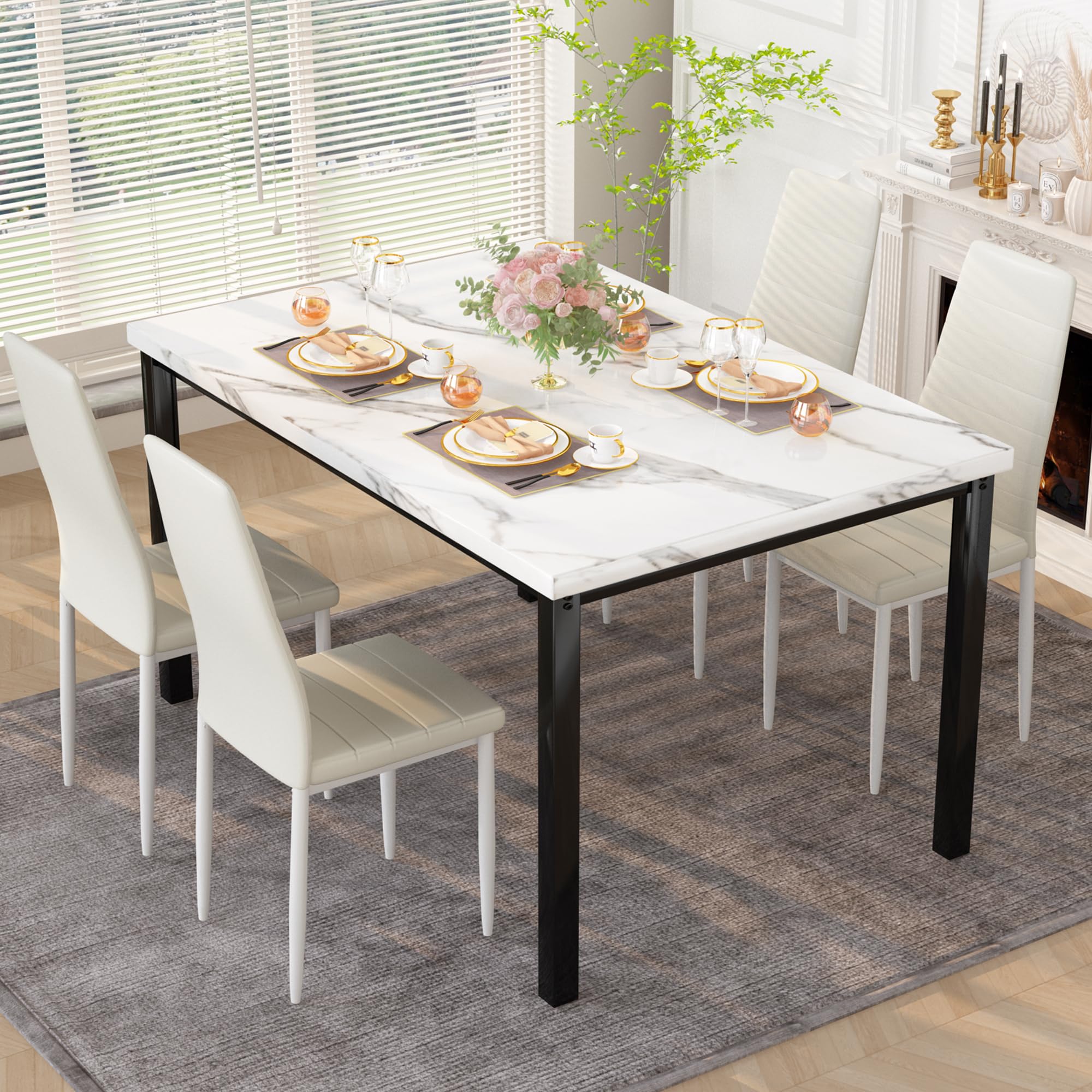 DKLGG 5-Piece Dining Table Set for 4 with PU Leather Chairs & Faux Marble Top - Space-Saving Kitchen Table Set for Small Homes & Apartments - Perfect for Family Meals, Dinner Parties & Compact Living Spaces